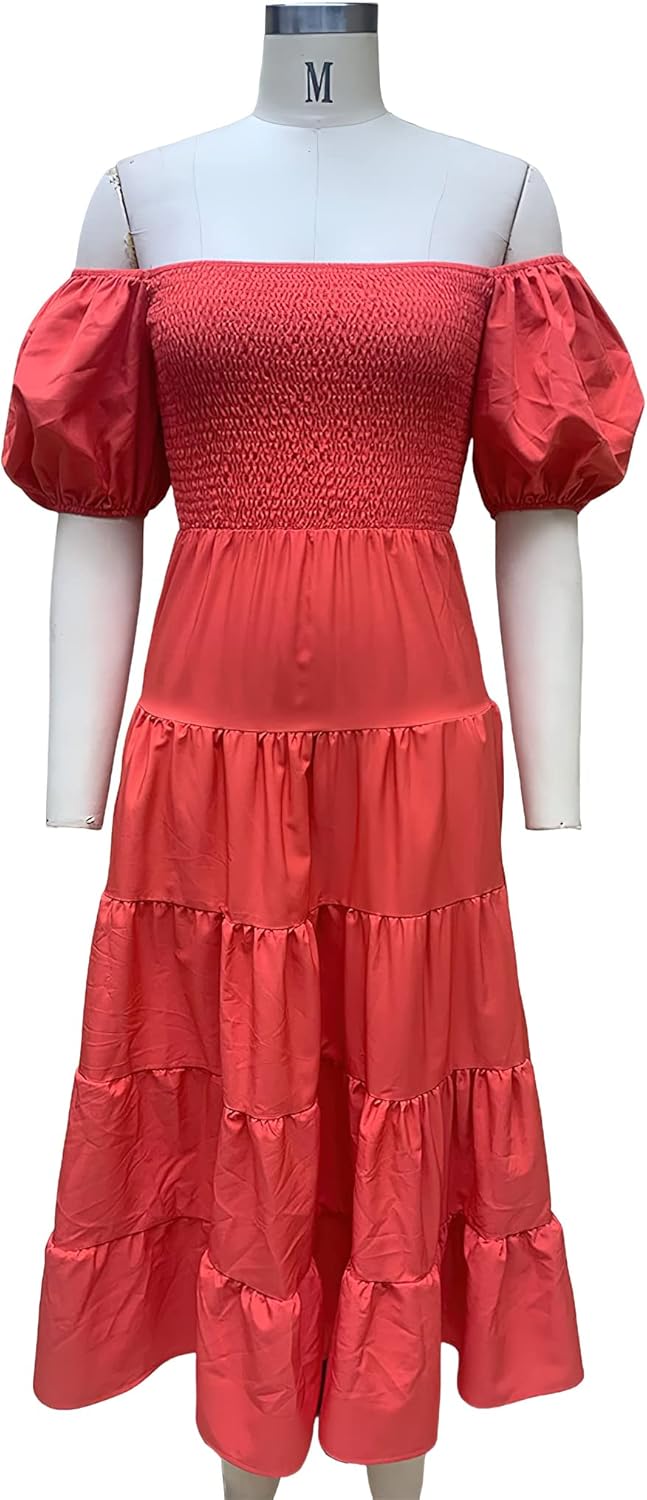 Dresses for Women 2023 Summer Off Shoulder Puff Short Sleeve Smocked Maxi Dress Empire Ruffle Flowy Tiered Long Dress - Image 4