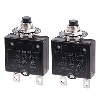Thermal Circuit Breaker 5 Amps, Thermal Overload Protector L1 Series 125-250V AC 50V DC Push Button Manual Reset Circuit Breaker 5A 2 Pcs