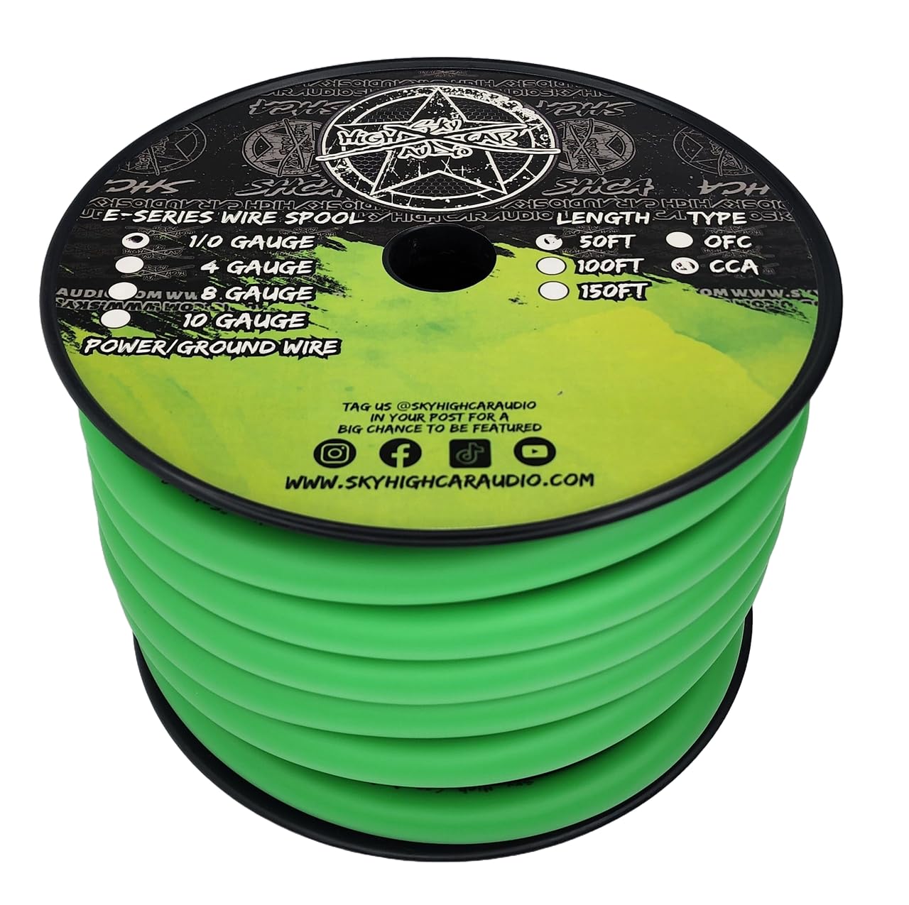 Sky High Car Audio E-Series CCA 1/0 Gauge - 50ft Spool (Green)