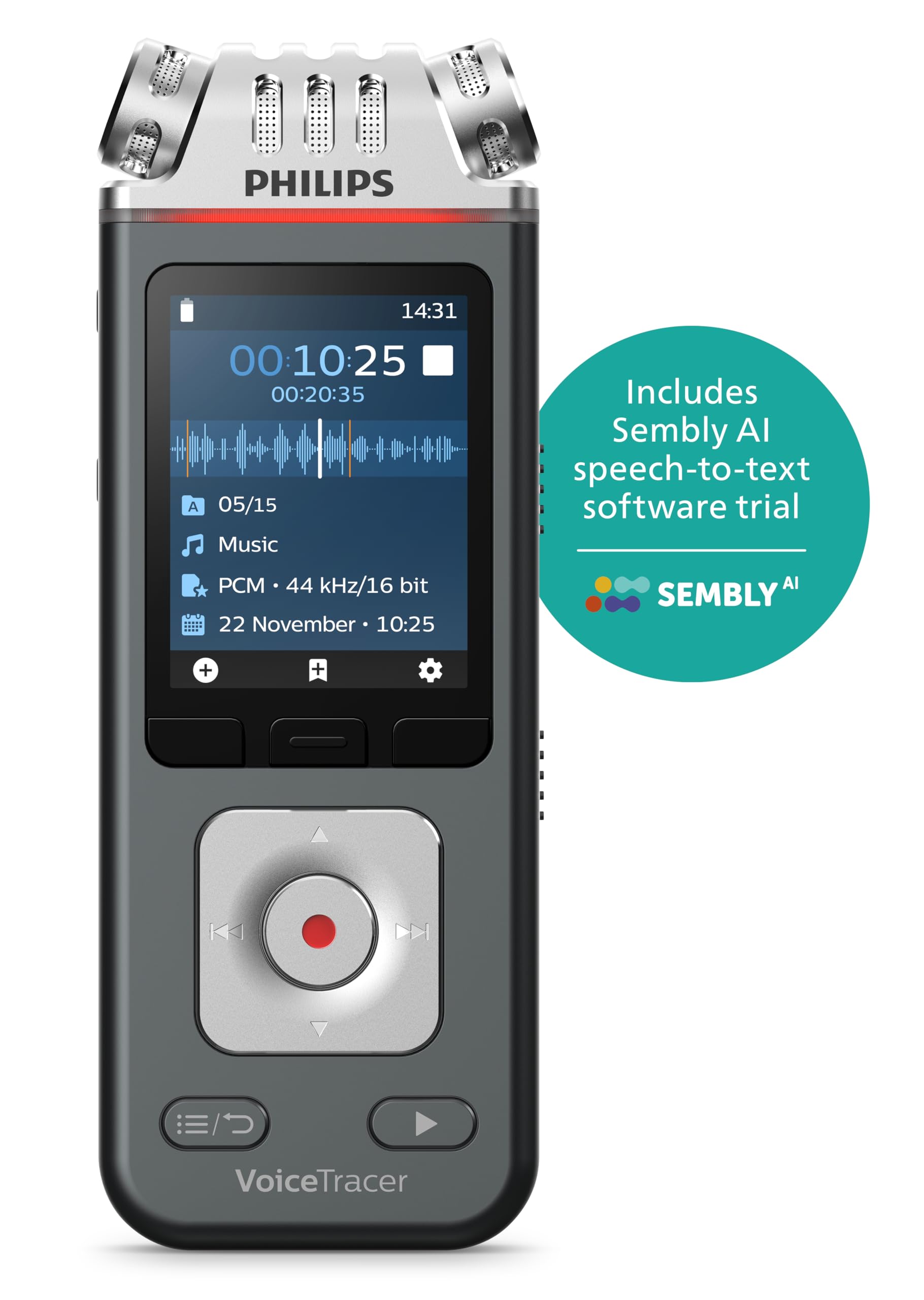 Philips VoiceTracer DVT6115, registratore vocale, 8 GB, MP3, 3 microfoni HIFI, registrazione musica. Licenza AI Sembly in prova: l’Intelligenza Artificiale crea riassunti, trascrizioni
