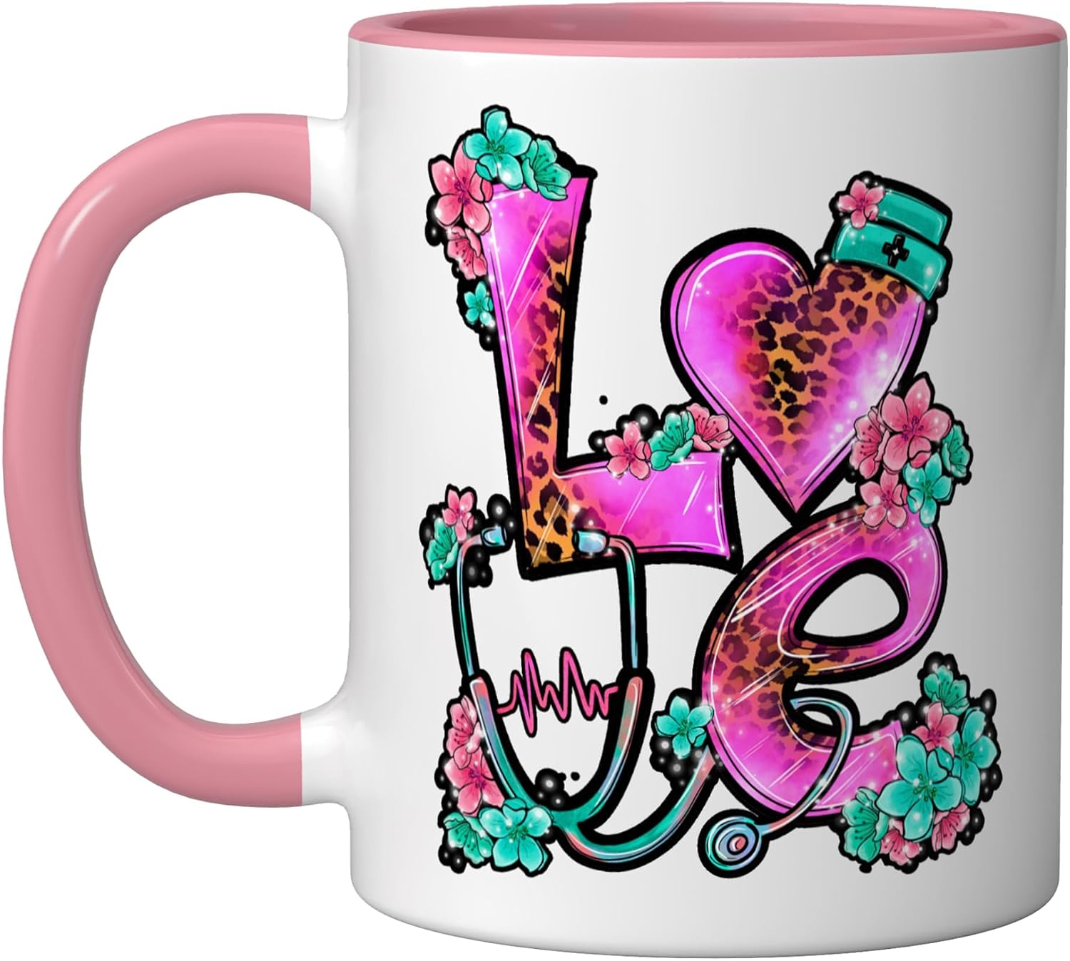 Nurse Love Medical Stethoscope Leopard Floral Ceramic Mug, Black/White, 15oz image 5