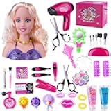 Doll Head Hair Styling Makeup Girls Toys Kids Pretend Play Beauty Set with Real Washable Cosmetics Hairdryer Curling Hairpins Accessories Birthday Gifts for Girls 3 4 5 Years Old
