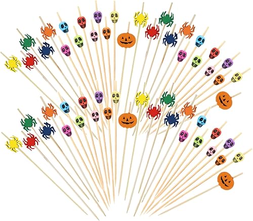 200 piezas de palillos de cóctel de Halloween de 4.7 pulgadas, bonitos pinchos de bambú para Halloween, calavera, araña, calabaza, palillos de