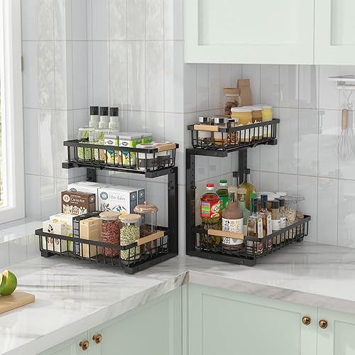 Miniatura 7 de ADRIMER Organizador para debajo del fregadero, 2 paquetes, organizador extraíble para fregadero de cocina, 2 niveles, organizador de cocina