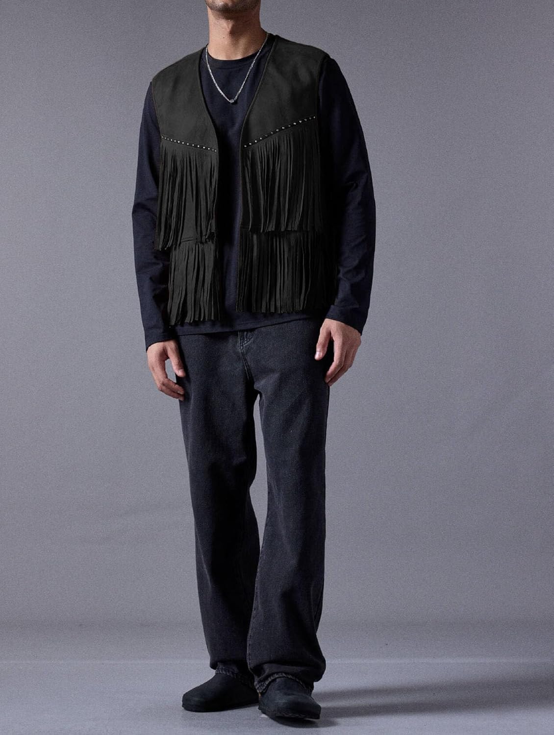 OYOANGLE Men's Casual Suede Top Shirt Boho Fringe Trim Open Front Sleeveless Vest Jacket Waistcoat - Image 6