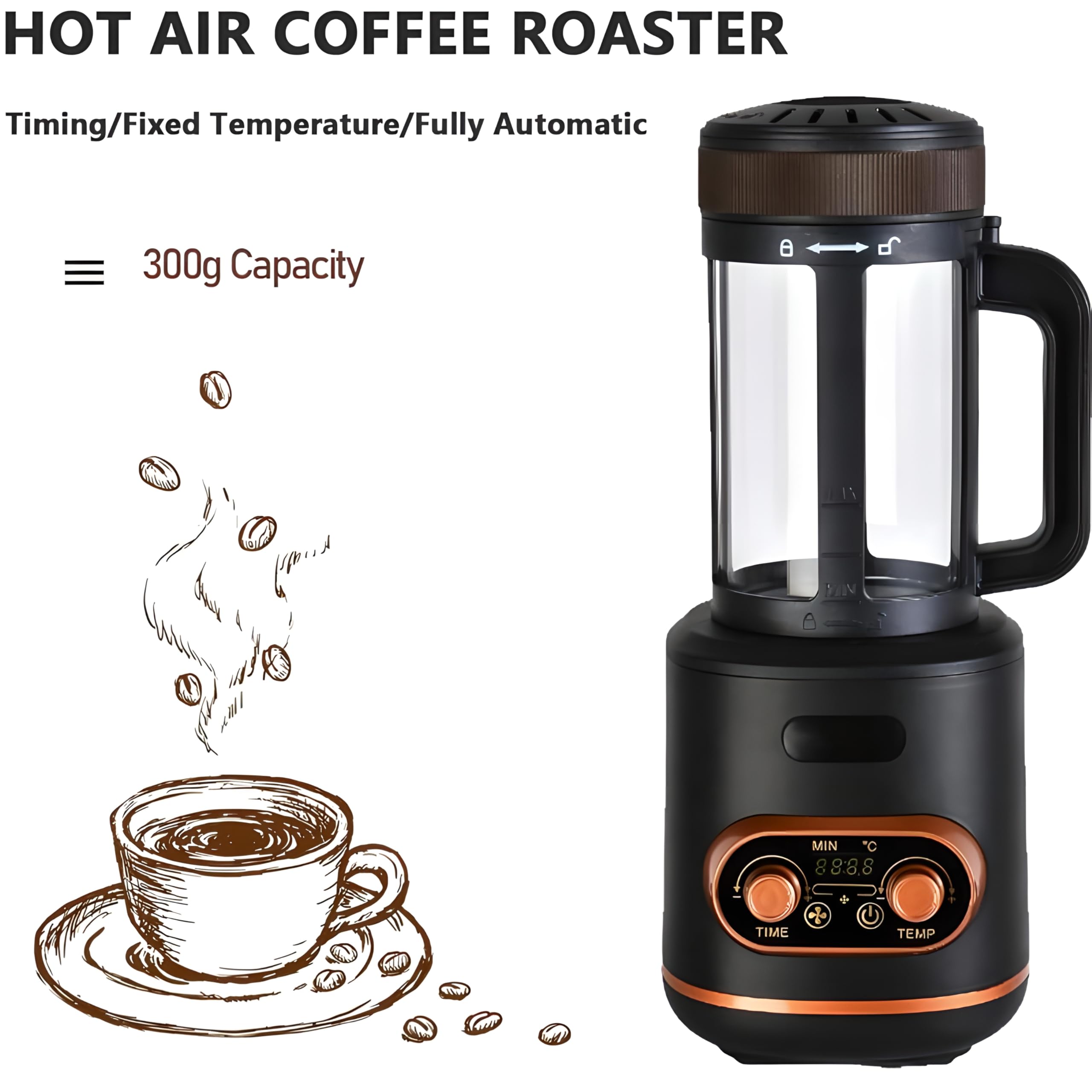Tostatrice elettrica per caffè, con Regolazione della Temperatura (0-240 ℃) e Timer, tostatrice Automatica per caffè ad Aria, capacità Massima 300 G, per Bar, ristoranti, uffici Domestici