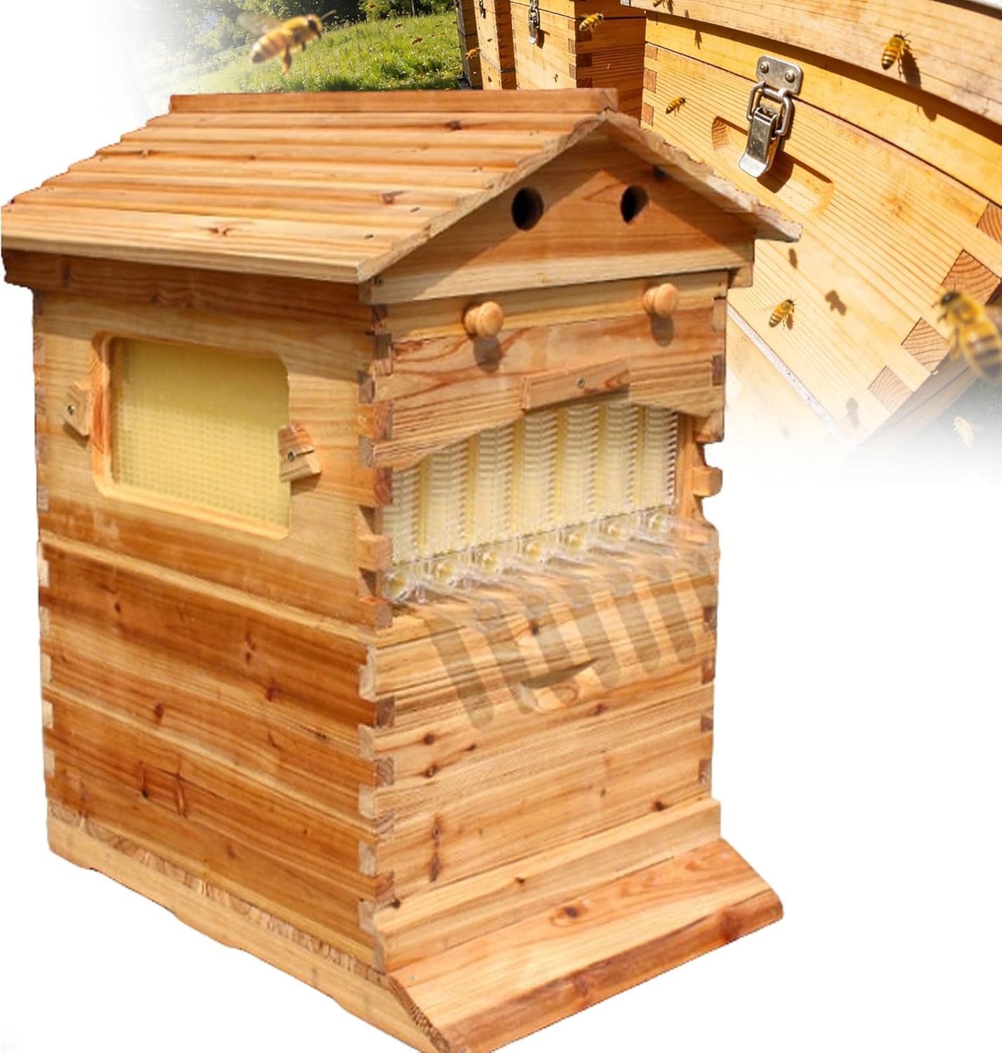 Self Flow Beehive Starter Kit, Automatic Wooden Bee Hive Box with Observation Window and Honey Spout, Complete Set with Honeycomb Trays and Bee Frames for Backyard Beekeeping