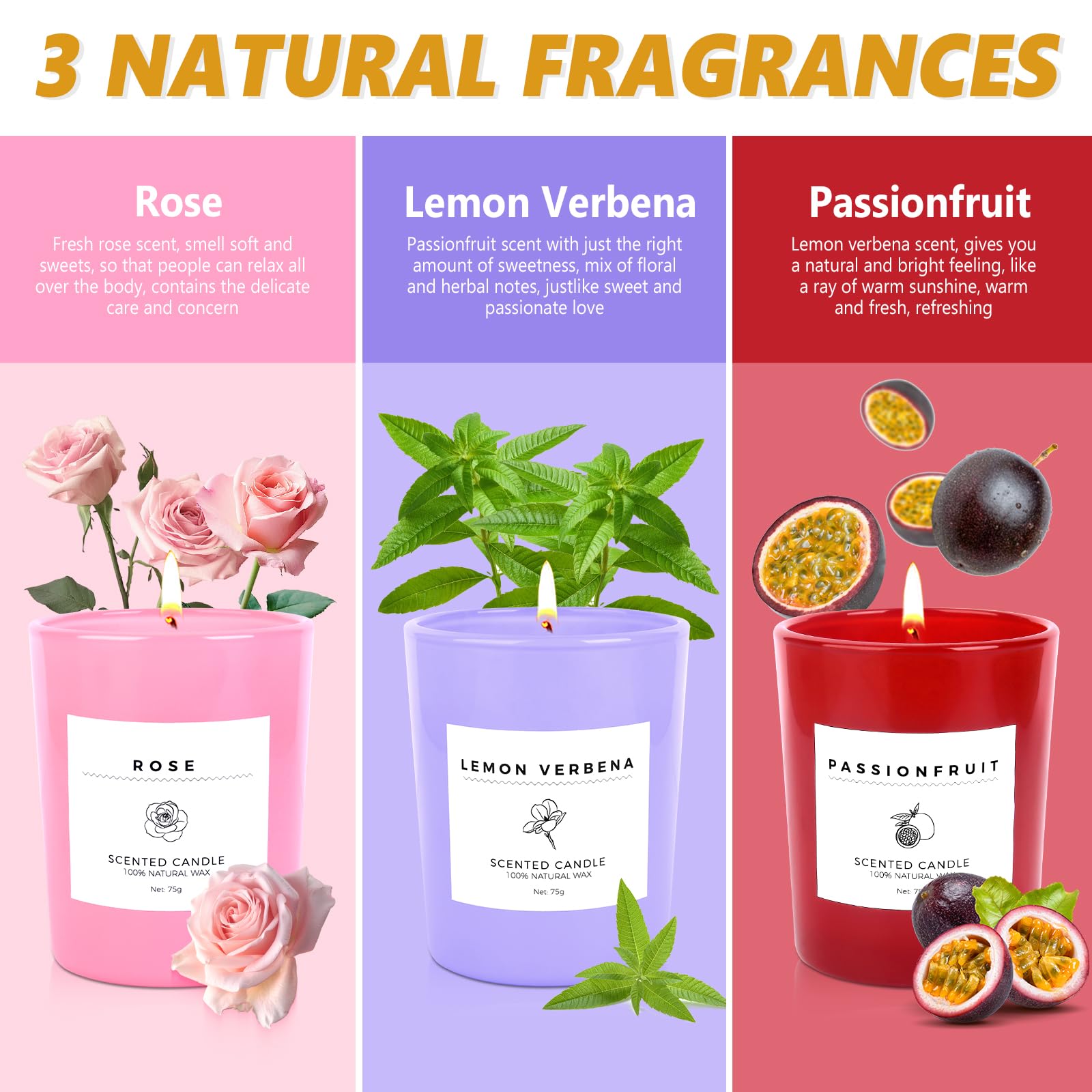 Coffret 3 Bougies Parfumées 75g - Rose, Verveine, Fleur De La Passion - Cadeau Pour Femme élégant
