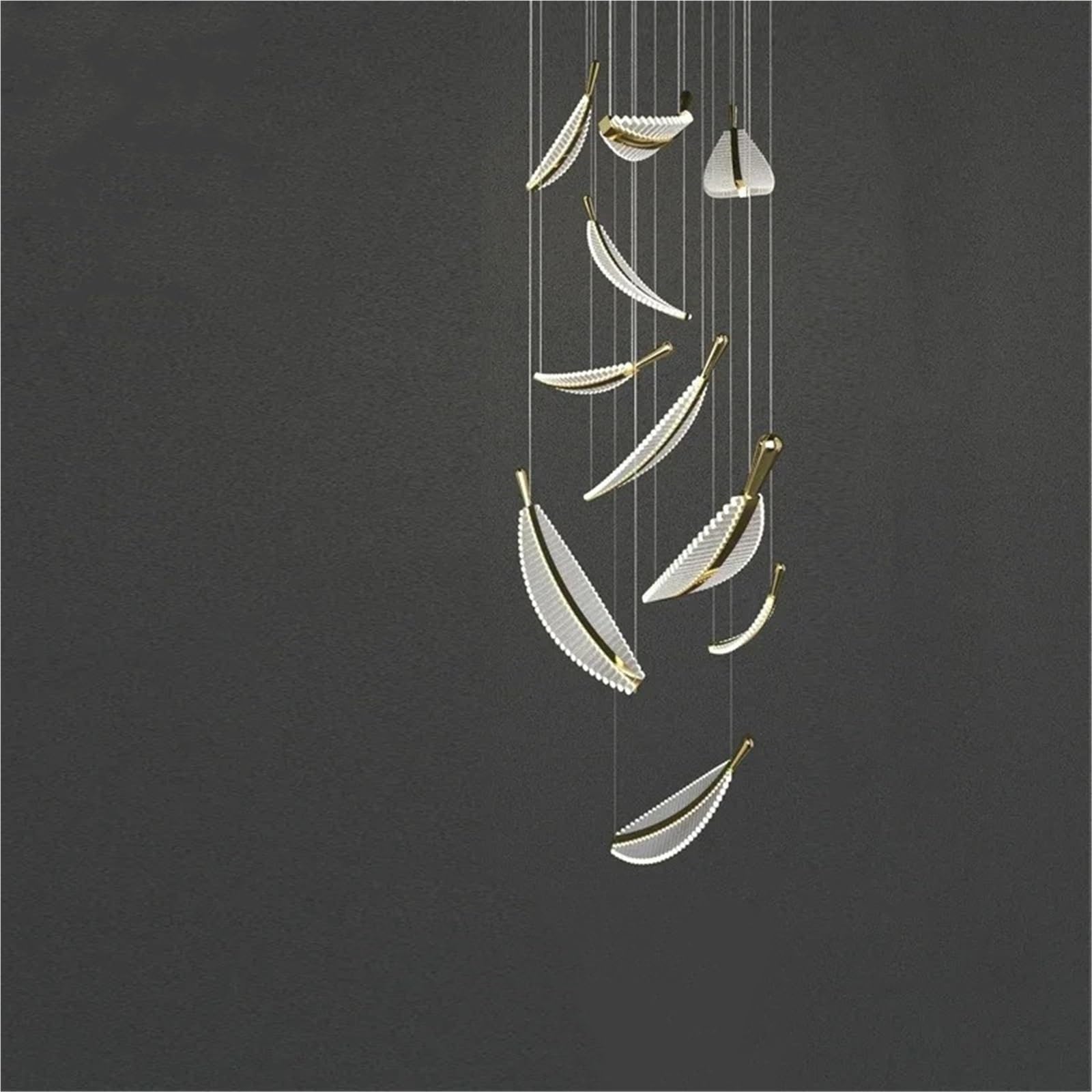 PCXEHUYP Long Modern Led Chandelier for Staircase Luxury Feather Design Hang Crystal Light Fixture Large Decor Hall Gold Lamps