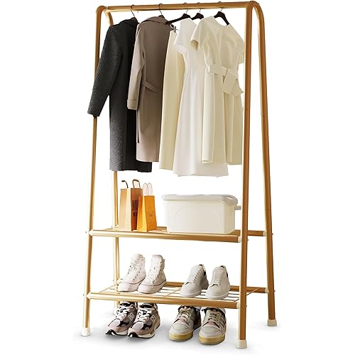 Gold Garment Rack, Metal Clothes Racks, Sturdy Clothing Racks, Premium Wardrobe Rack, Closet Organizers and Storage with Double Layer Shelf for Storing Clothes, Shoes, Bags, 24.4 * 13.8 * 62Inches