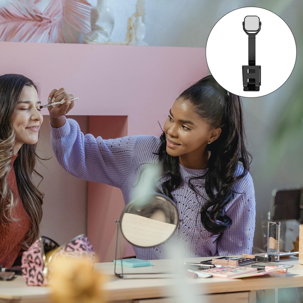 Foldable Fill Light Phone Holder with Adjustable LED Makeup Light Stand, Portable Cell Phone Stand for Live Streaming and Video Calls, Compact Desktop Selfie Lamp