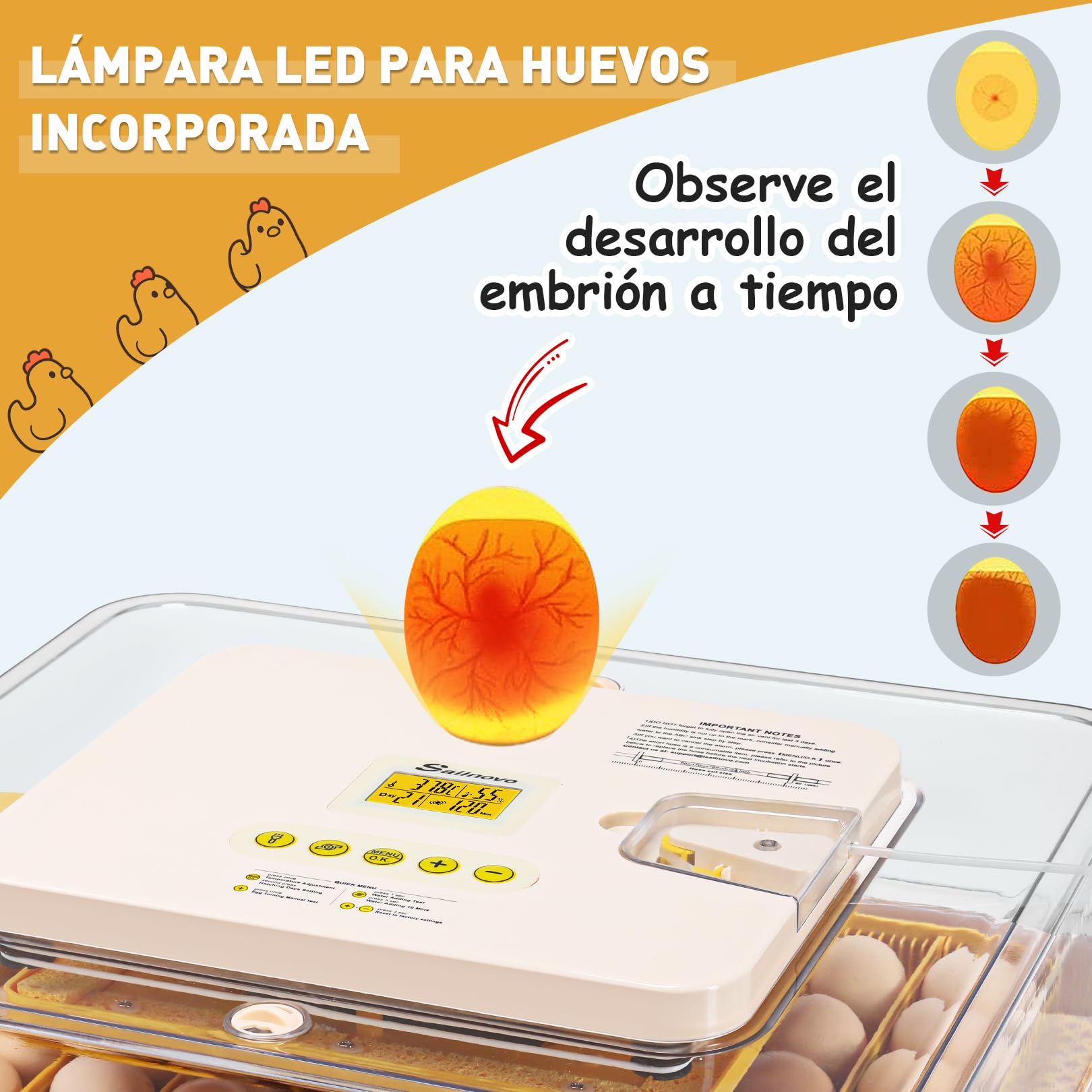 Sailnovo Incubadoras de Huevos Automaticas, Incubadora de 56 Huevos con Volteo Automático de Huevos y Humidificación automática, Incubadora para Huevos de Gallina, Codorniz, Pato, Blanco