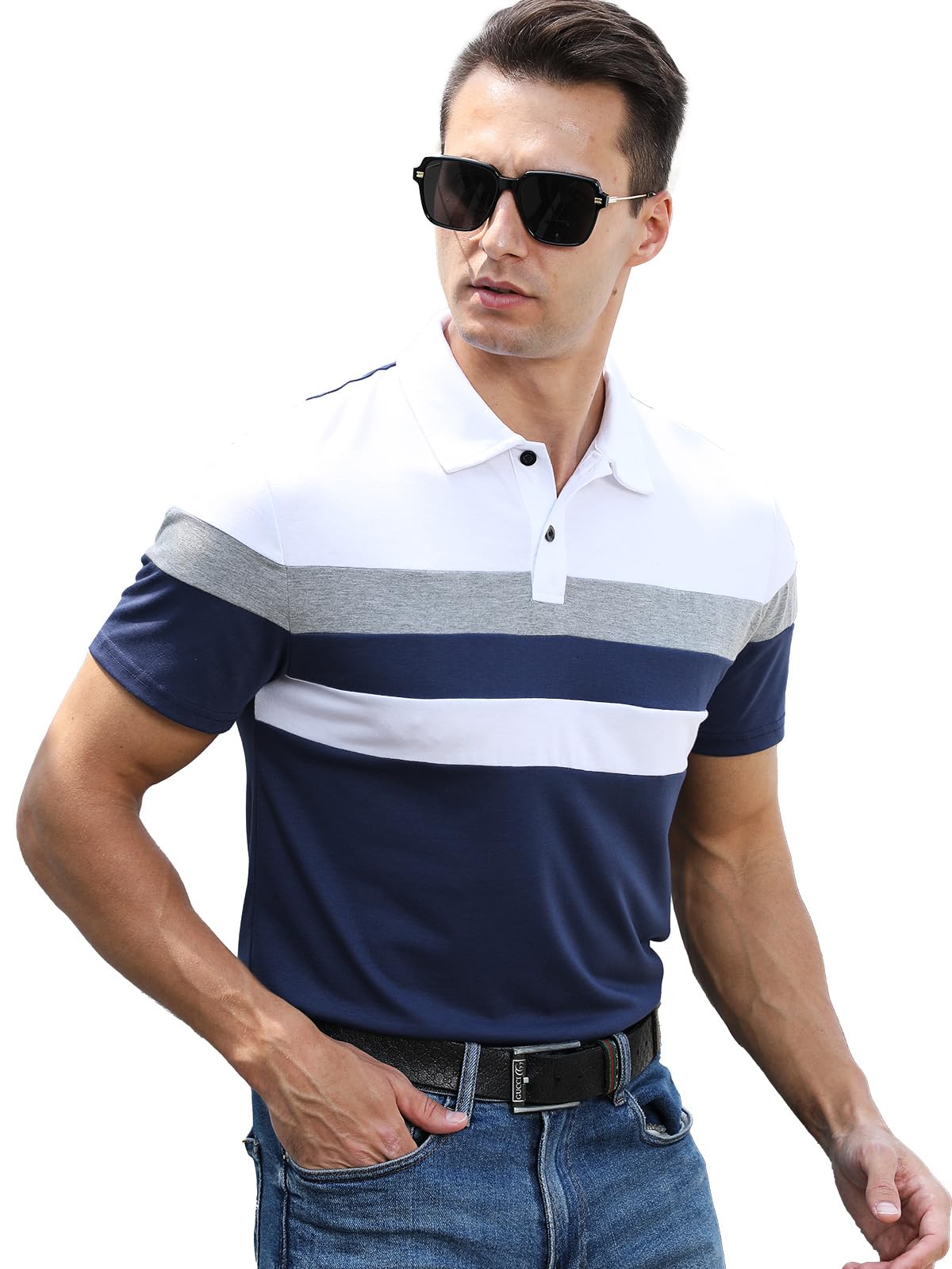 Polo Homme Manches Courtes Polos T Shirt à Rayures Poloshirt Été Casual Couleur Contrastée
