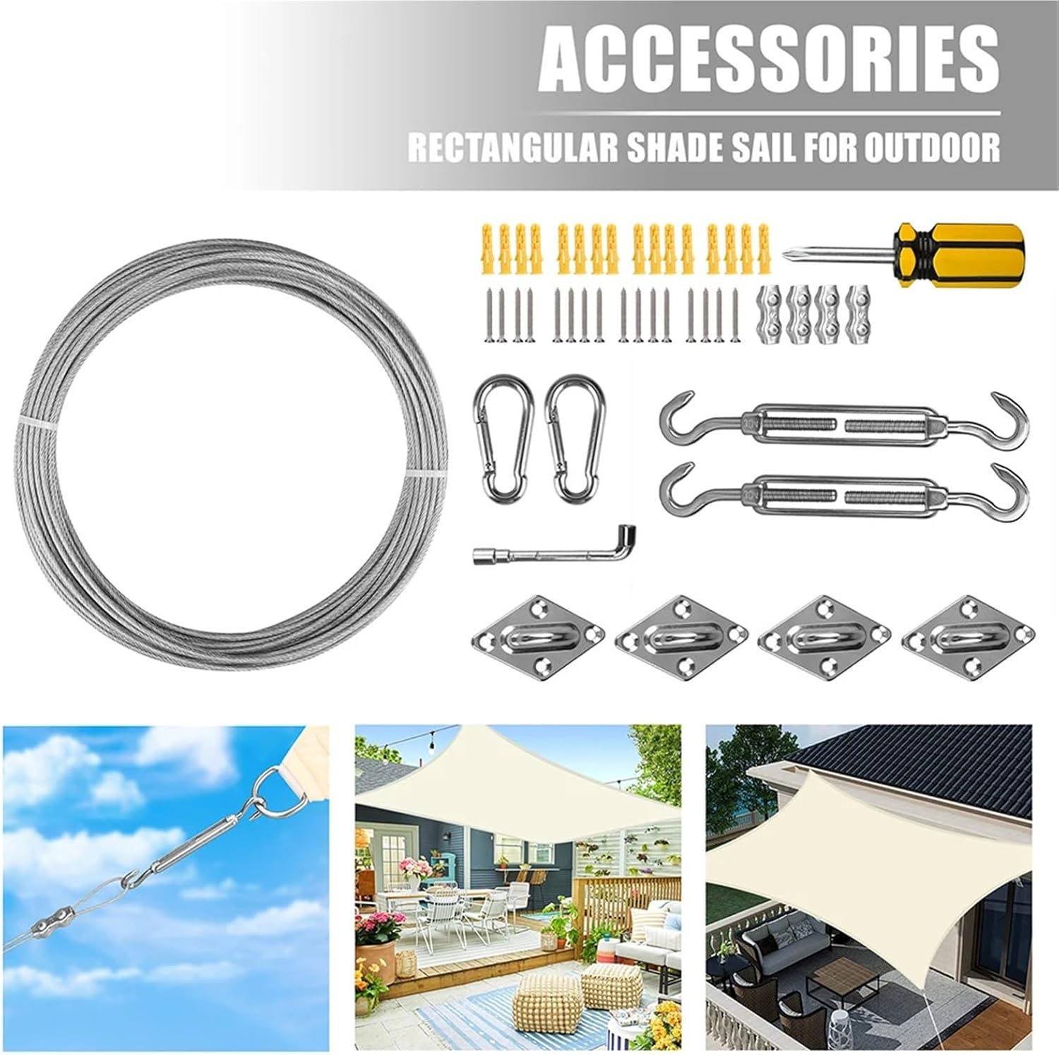 Shade Sail Hardware Kit Shade Sail Hardware Kit with 15M Cable Wire Stainless Steel Awning Canopy Installation Turnbuckles Eye Hook for Garden