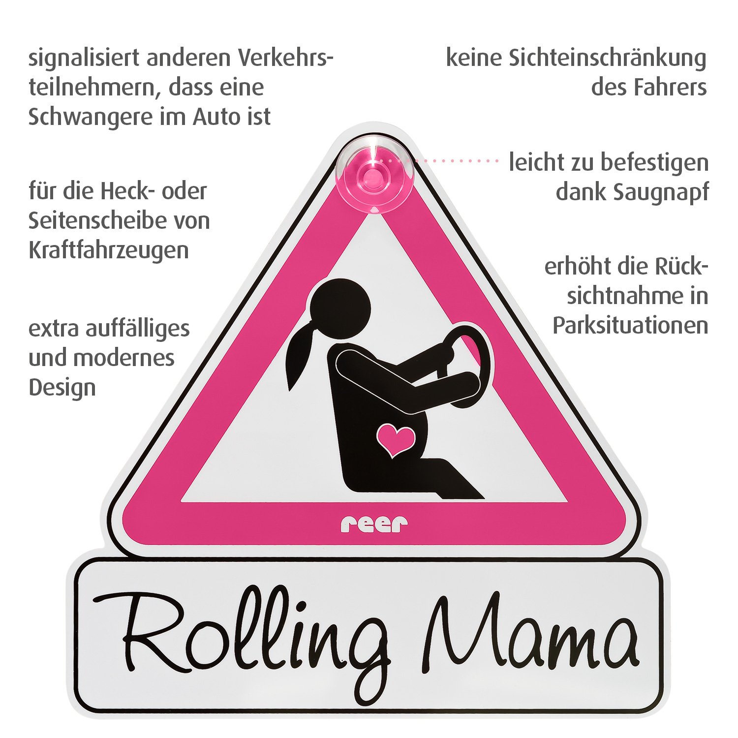 reer 88014 MommyLine tabliczka samochodowa dla kobiet w ciąży "Rolling Mama", różowa