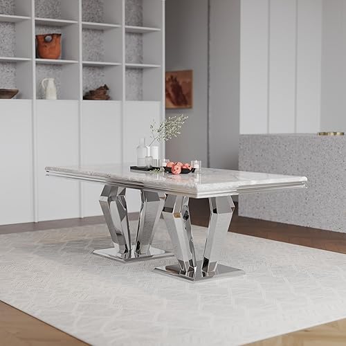 Miniatura 9 de ACEDÉCOR Mesa de comedor moderna de lujo de 78 pulgadas para 6 a 8 pulgadas parte superior rectangular gris y base de acero inoxidable plateado