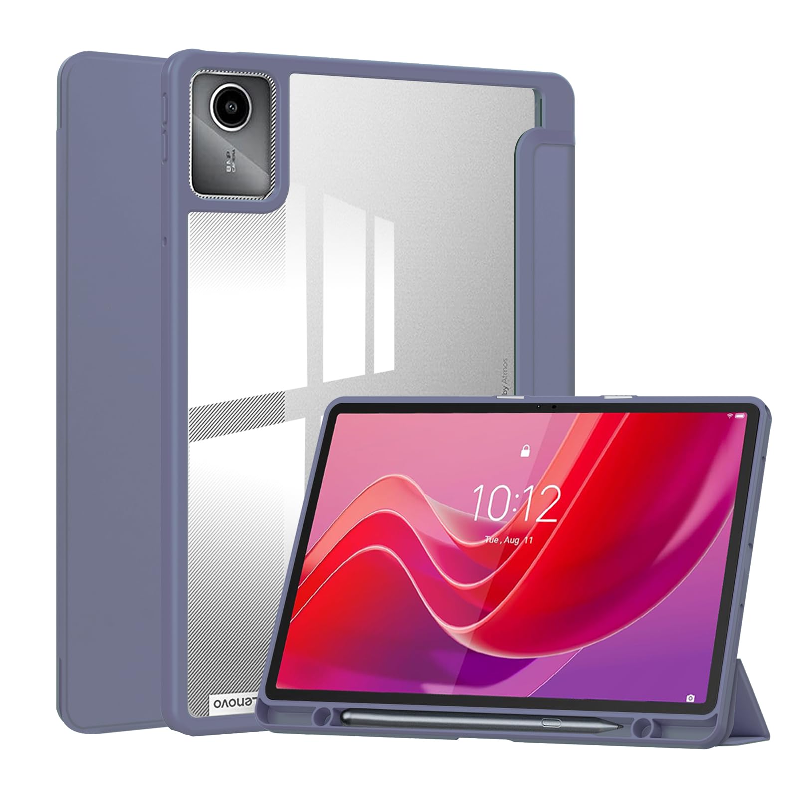 Case for Lenovo Tab M11(TB330FU)/Tab K11 LTE 11 inch 2024 (TB331FC), Trifold Stand Protective Cover with Pencil Holder, Hard PC Clear Back Shell Auto Wake/Sleep-Lavender Purple