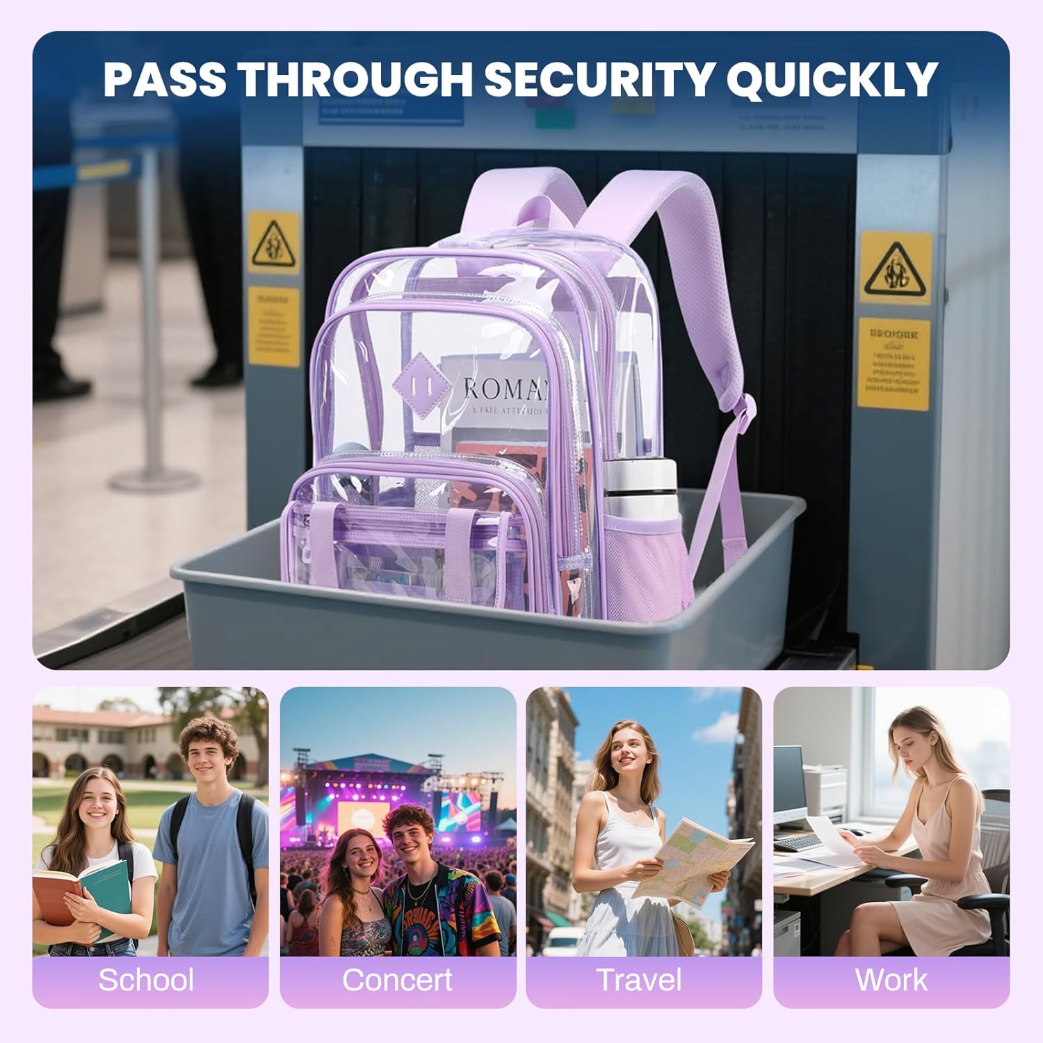 Large Clear Backpacks for School Heavy Duty Transparent Backpack for Stadium Event See through Bookbag for Girls Women Thick PVC Back Pack, Purple - Image 7