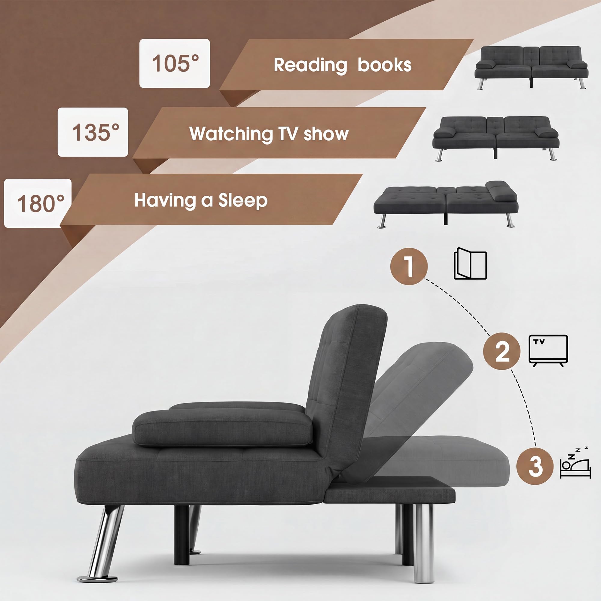 Flamaker Futon Sofa Bed, Modern Linen Convertible Folding Futon Set | Adjustable Sleeper Sofa with Removable Armrests & 2 Cup Holders, Recliner Lounge for Living Room, Apartment | Carbon Black