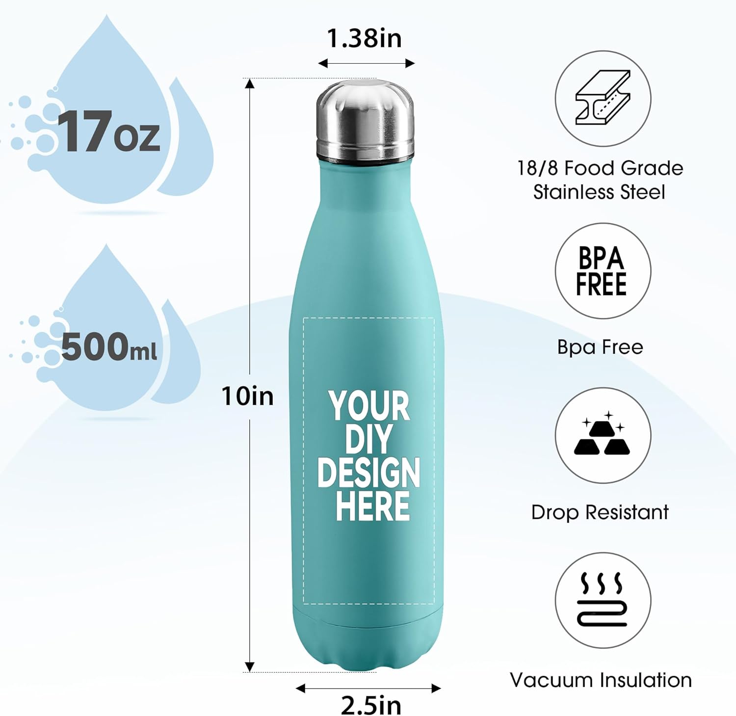 Personalized Custom 17oz Water Bottle, Stainless Steel Insulated Double Wall Vacuum Water Bottle Leak-Proof Cups for Sports & Travel (Blue, 1 pack)