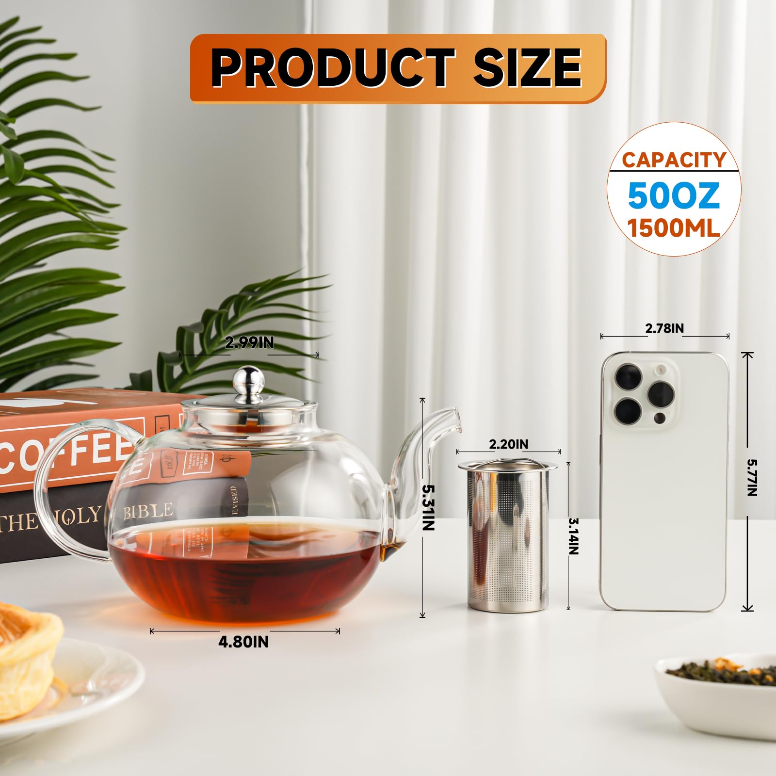 GURUDAR 50OZ/1500ML Glass Teapot Set with 4 Teacups & Removable Stainless Steel Infuser, Stovetop & Microwave Safe Clear Tea Maker Water Kettle with 12OZ/360ML Tea Cups for Loose Leaf Blooming Tea