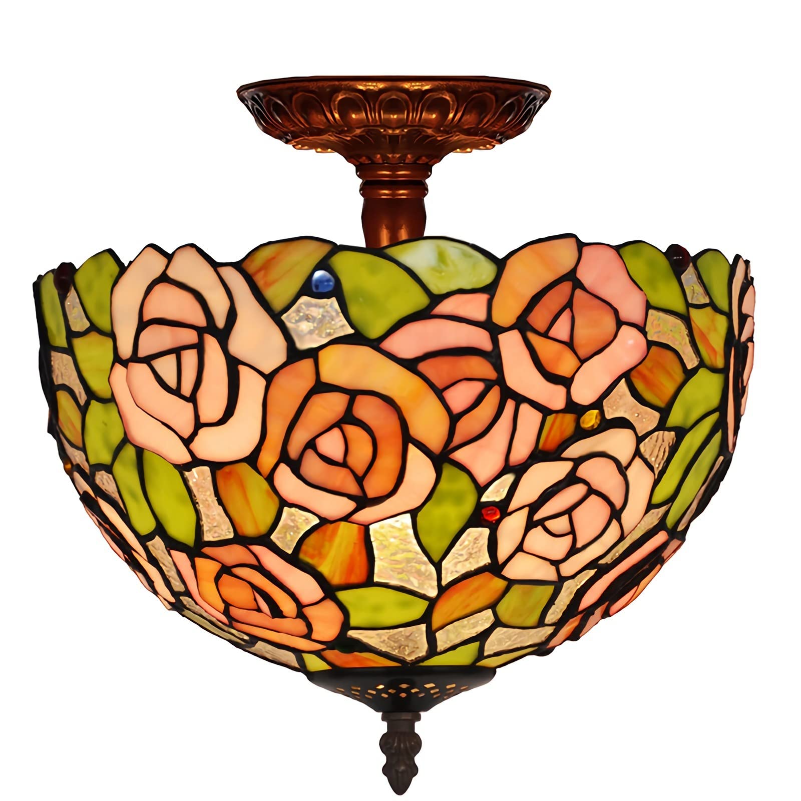 Lustre plafonnier Tiffany haut de gamme vitrail victorien rose et métal Ø 30 cm