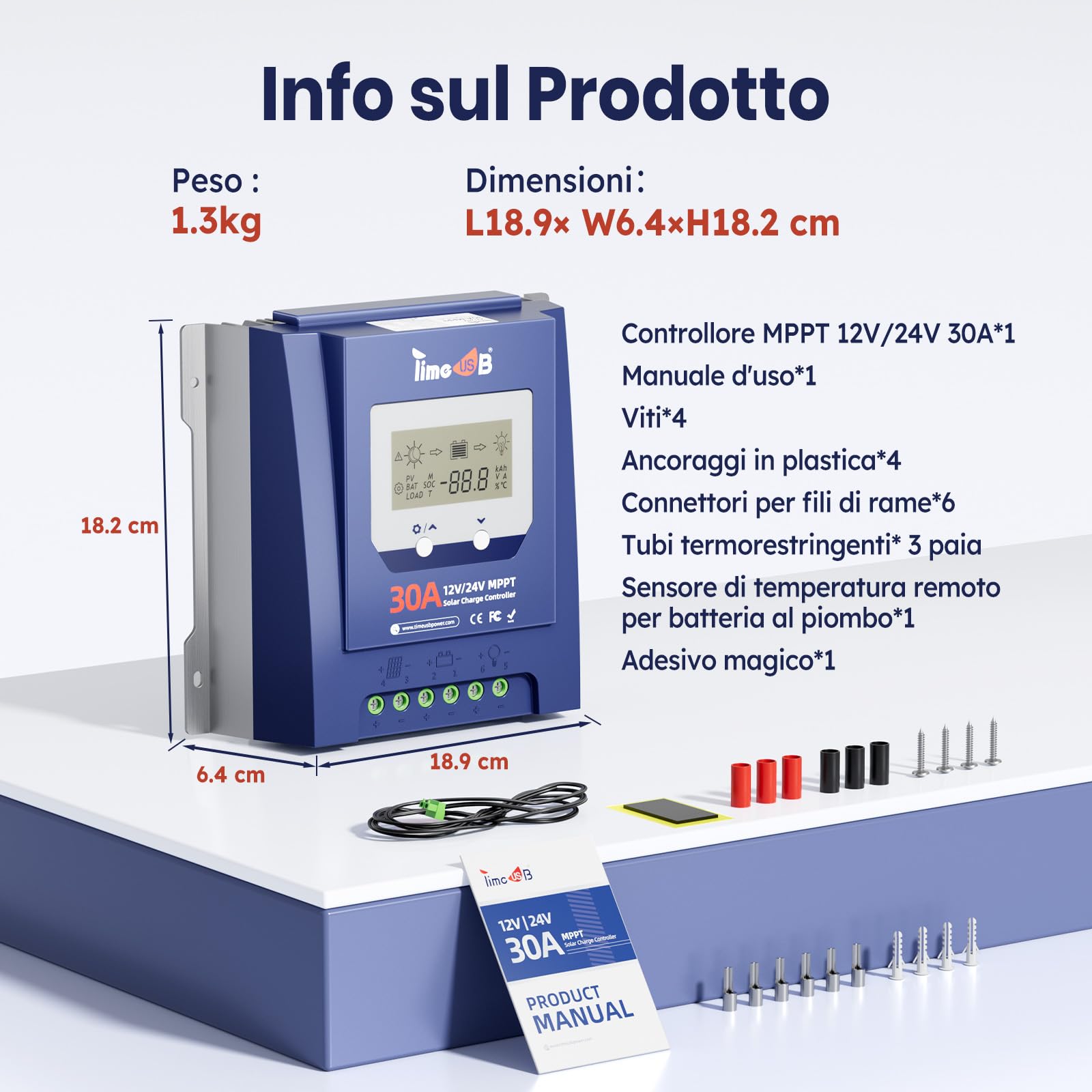 Timeusb 12/24V 30A MPPT Regolatore di Carica Solare,Riconoscimento Automatico,Tasso di Inseguimento Effettivo del 99%, Regolatore di Carica con Schermo LCD per Batterie al Litio e al Piombo-Acido