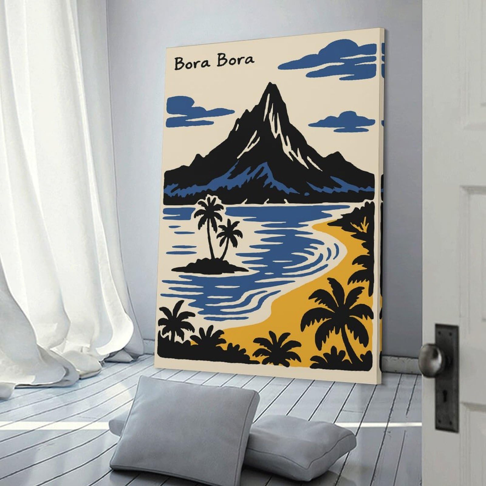 Junmoney Bora Bora Island Landscape Illustration Decorative Canvas Print 12x18inch(30x45cm), for Gallery Wall Layouts in Home Or Office, Home Wall Art for Statement Displays