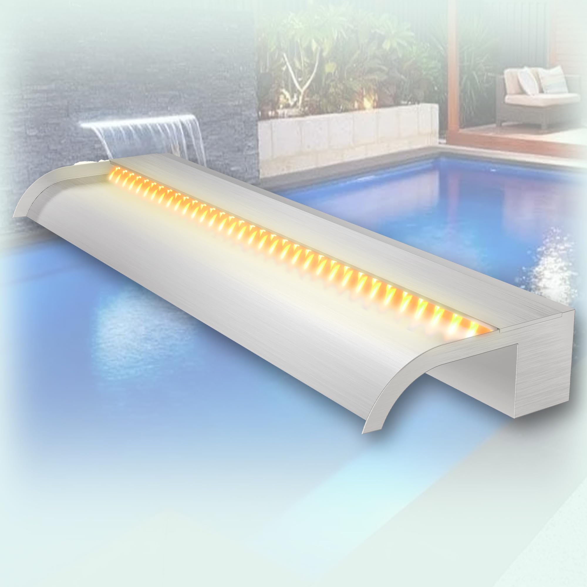 LONGRUN 90cm Pond Waterfall Blade, Complete Waterfall & Stream Kits for Outdoor Water Features Home Decor,Stainless Steel Curvd Pool Fountain with RGB Bluetooth LED Light