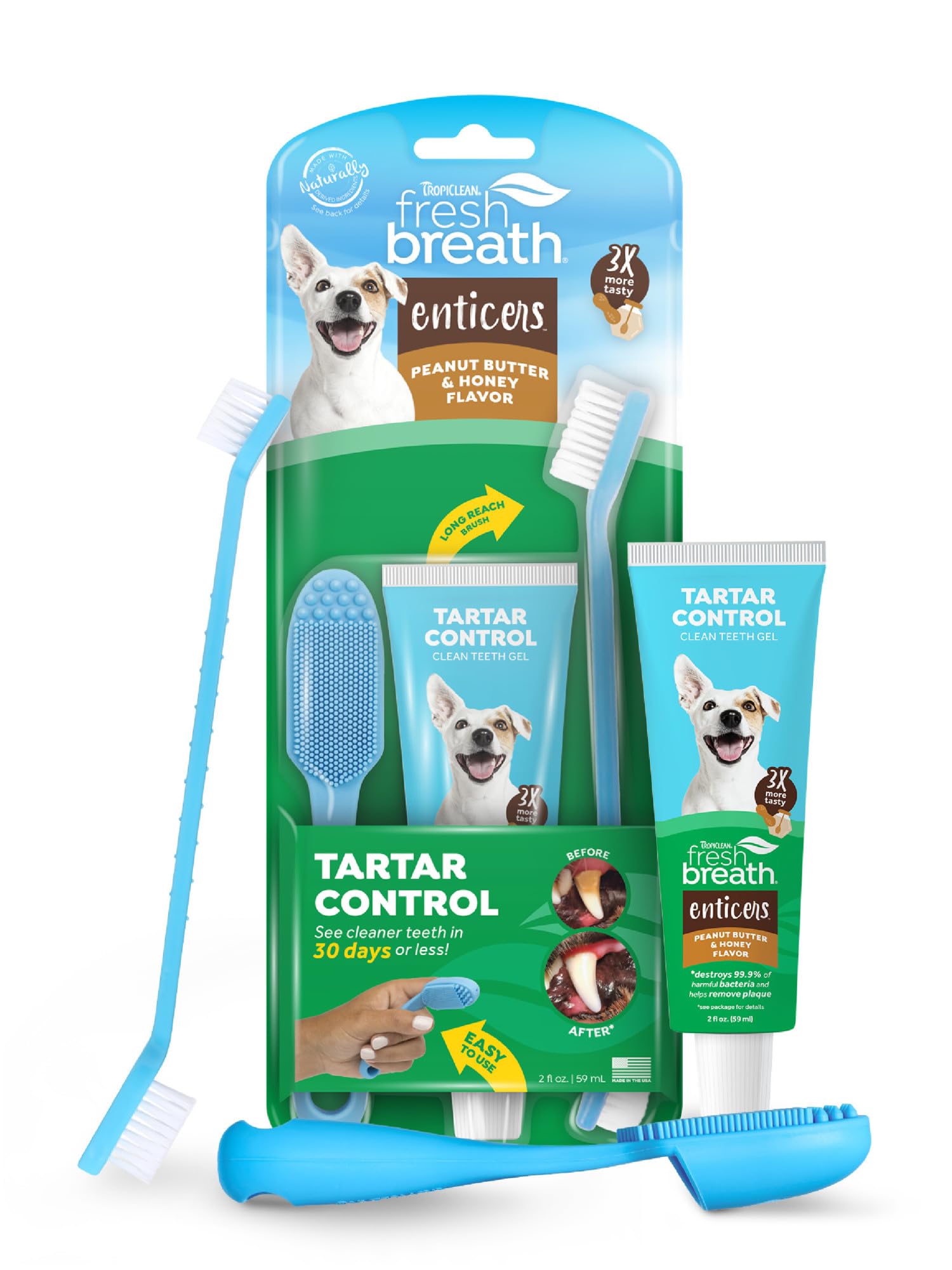 TropiClean Fresh Breath Oral Care Kit - Soft Bristle Finger Toothbrush - Dog Tooth Brushing Kit - Peanut Butter and Honey Flavor Dog Toothpaste
