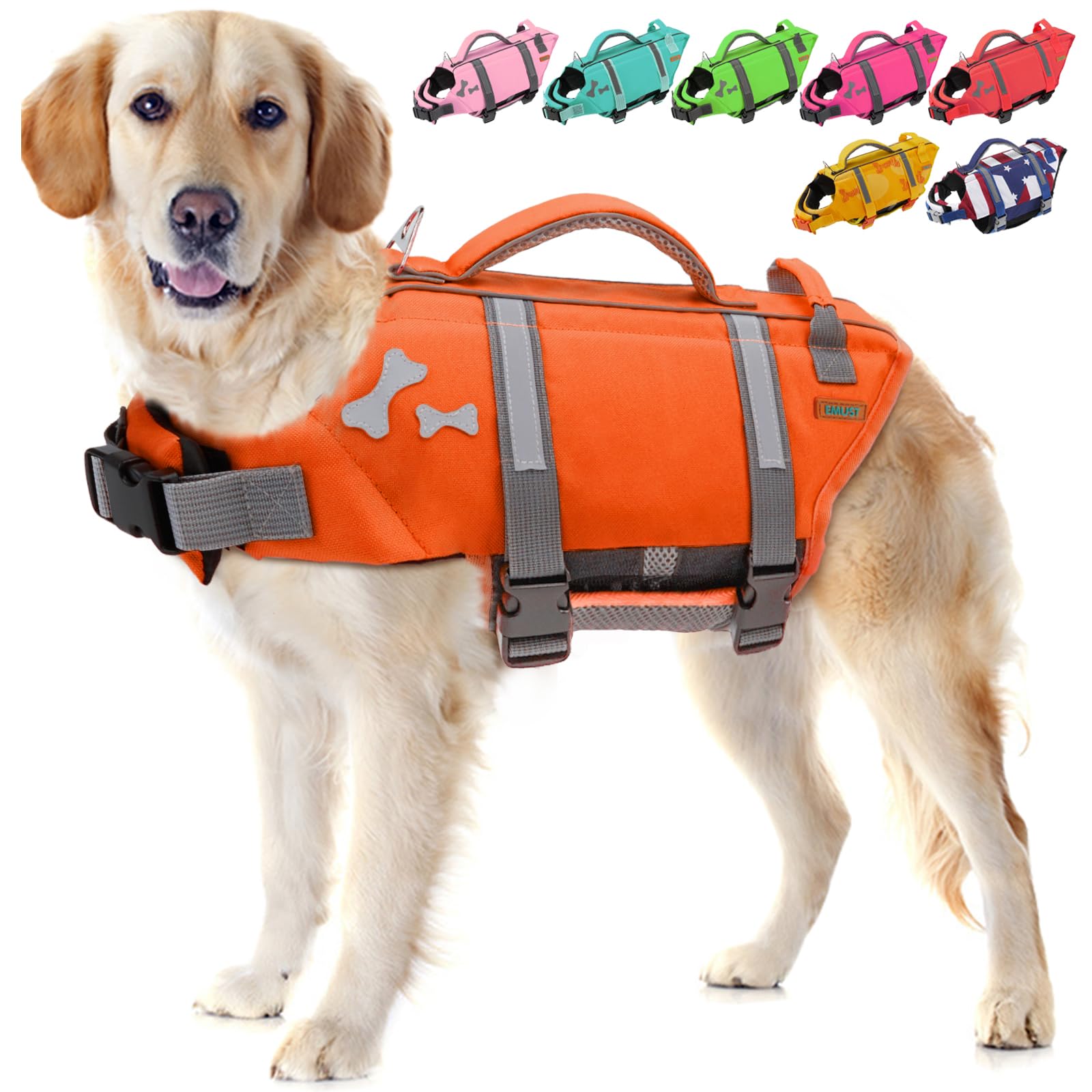 EMUST Dog Life Preserver, Dog Life Vests for Swimming, Beach Boating with High Buoyancy, Dog Flotation Vest for Small/Medium/Large Dogs, L, NewOrange