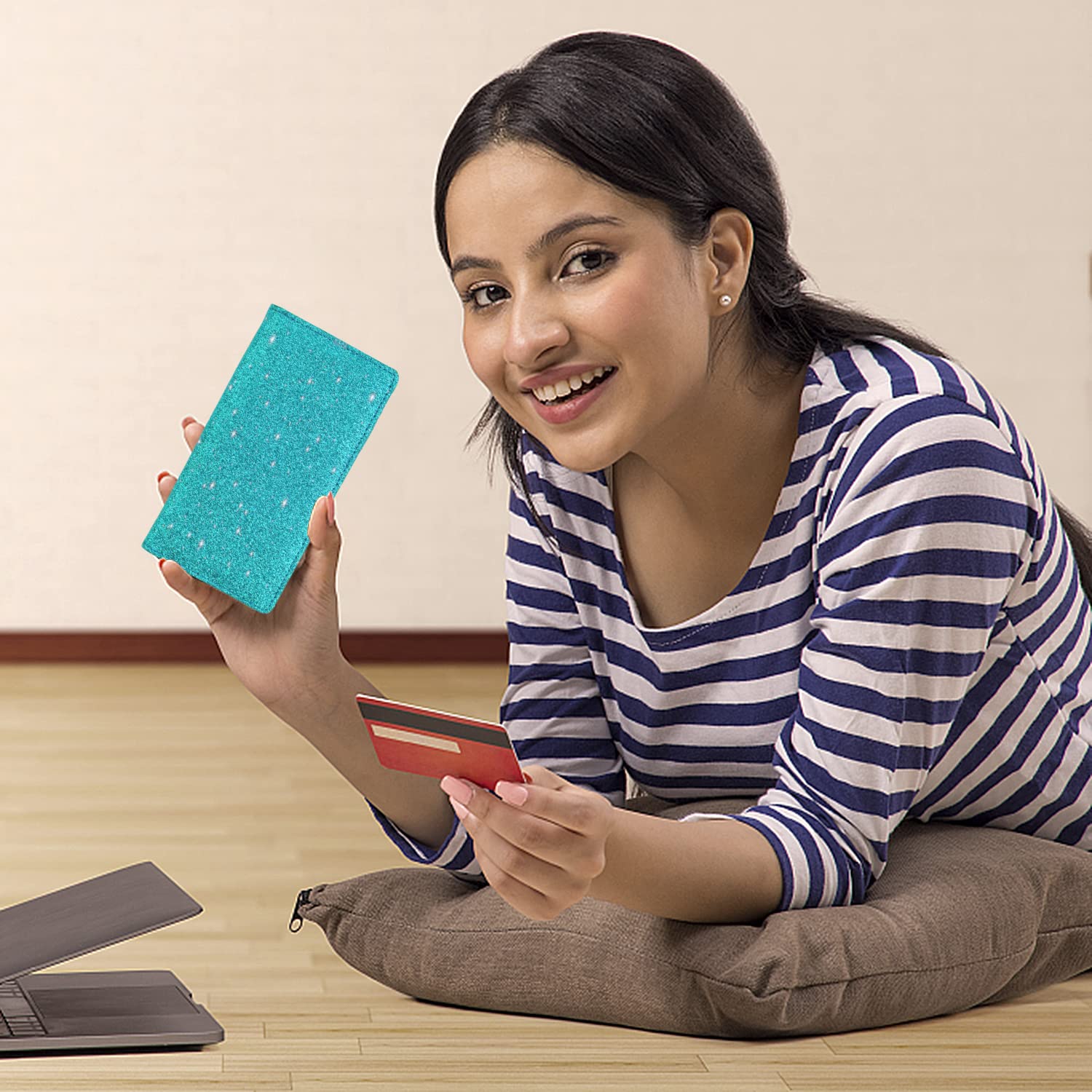 Sanlykate Glitter Checkbook Cover for Girl Women, RFID Blocking PU Leather Standard Register Check Book Case With Pen Inserts & Free Divider, Black