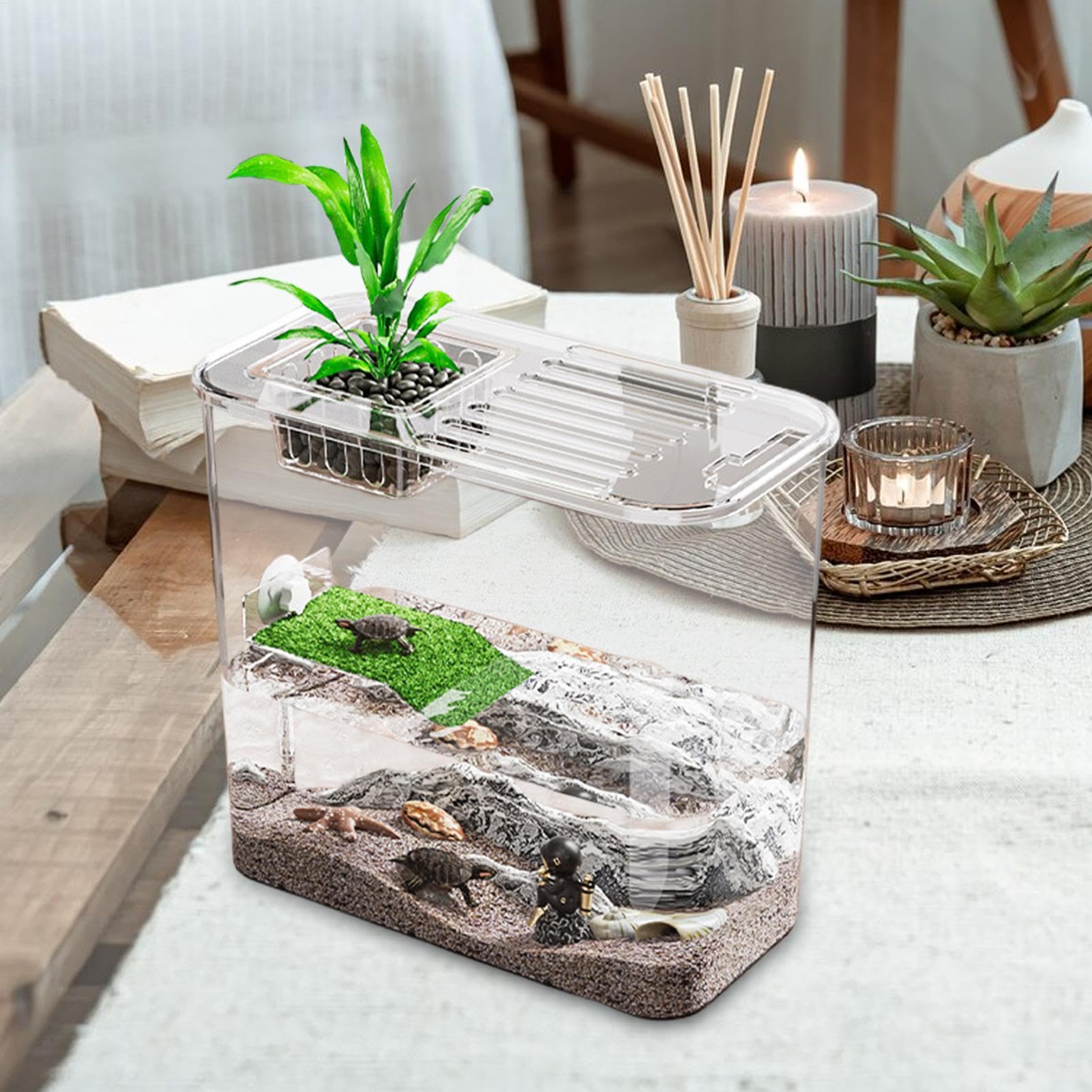 Tanque para tortugas de agua, tanque para tortugas, acuario decorativo | para peces, acuario creativo para tortugas y peces con tabla de escalada, acuario transparente para tortugas