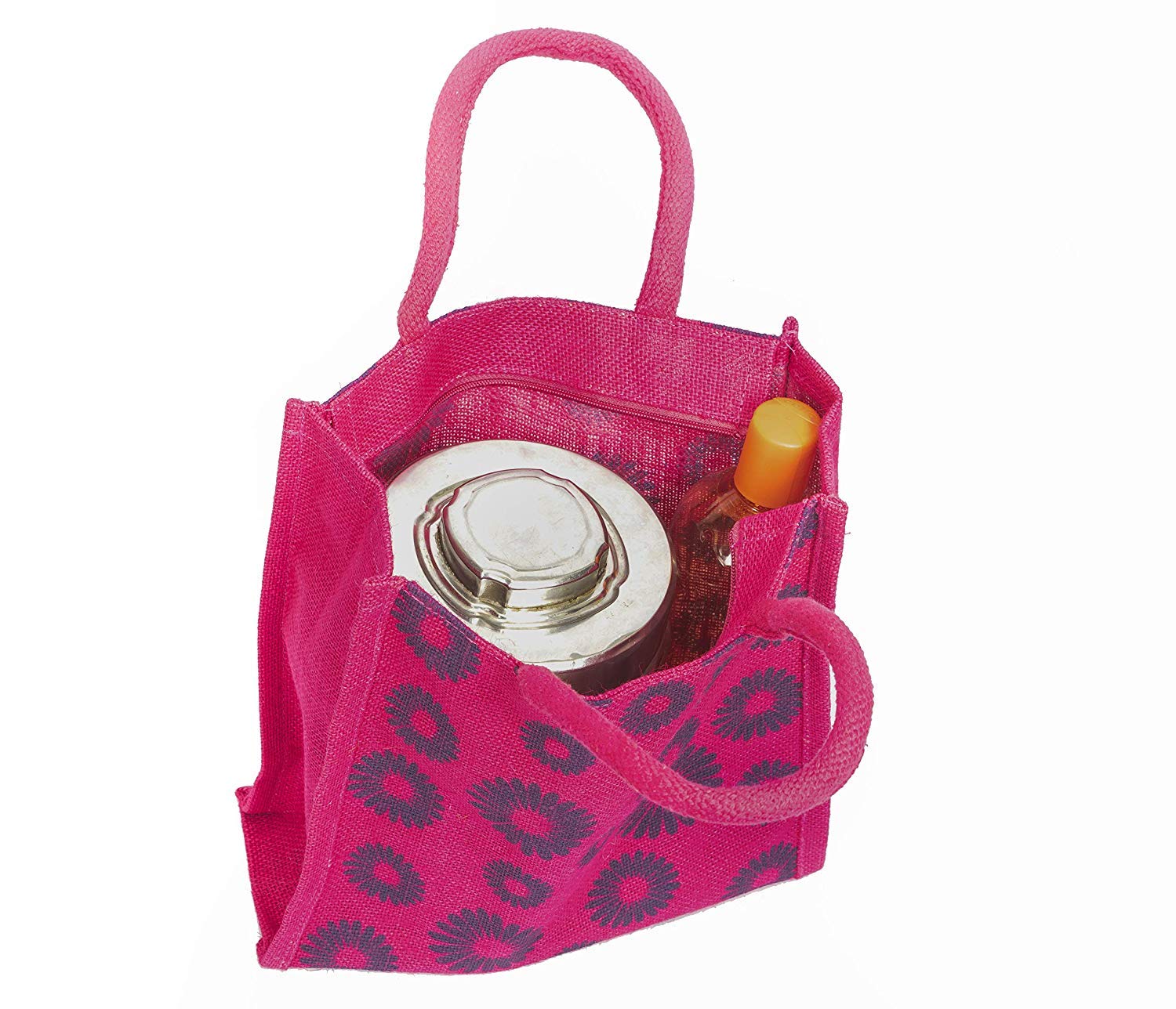 RSN Reusable Printed Jute Lunch Bag for Men, Women & Girls (Pink) 1