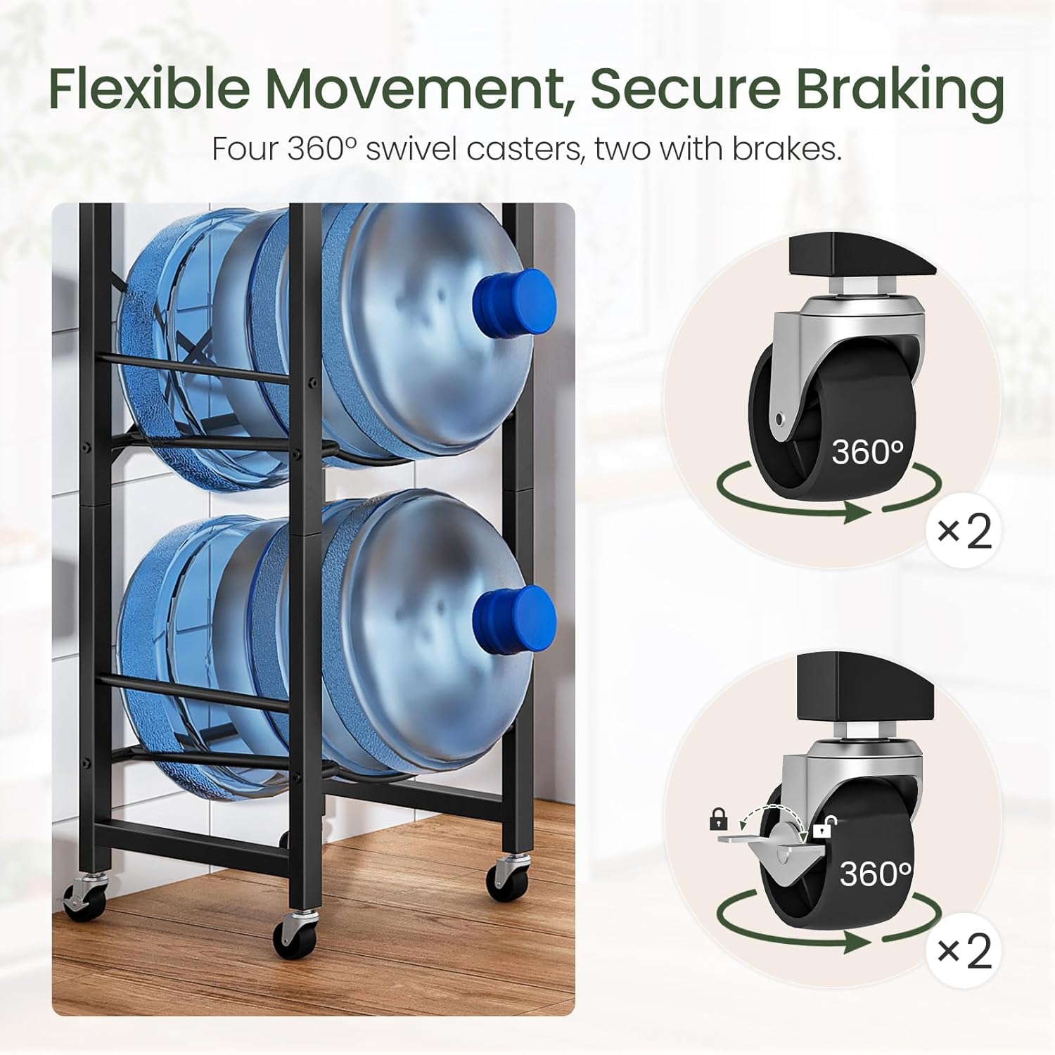 5 Gallon Water Jug Holder, 4-Tier Water Bottle Holder with Lockable Wheels, Water Bottle Storage Shelf, Water Dispenser Replacement Parts, for Kitchen, Office, Black TCJ33BB