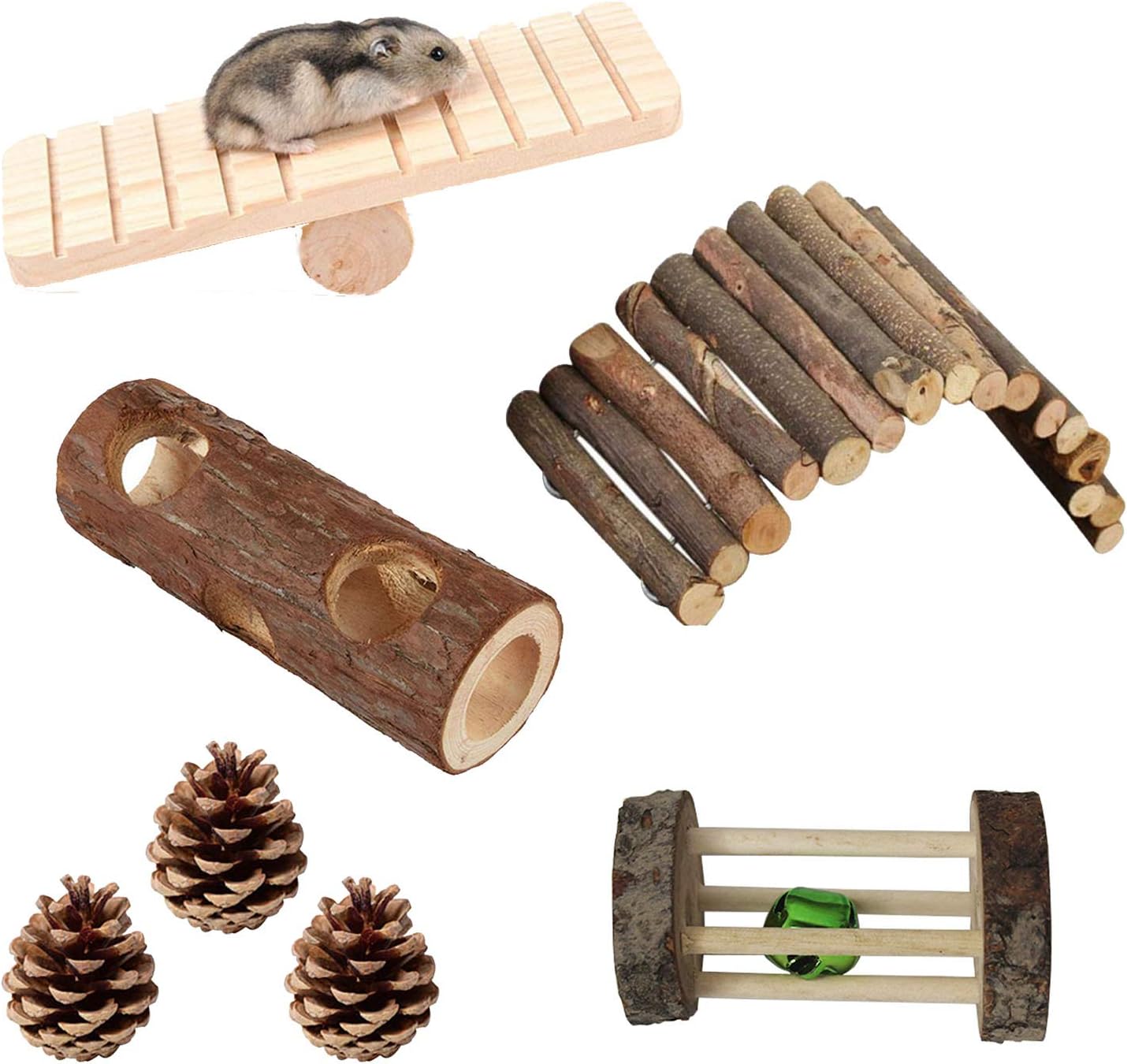 Tfwadmx Hamster Tunnel Toy Small Animal Wood Hideout Play Tube Ramp Bridge Seesaw Cage Chew Toy with Wood Roller Ball Toys for Dwarf…