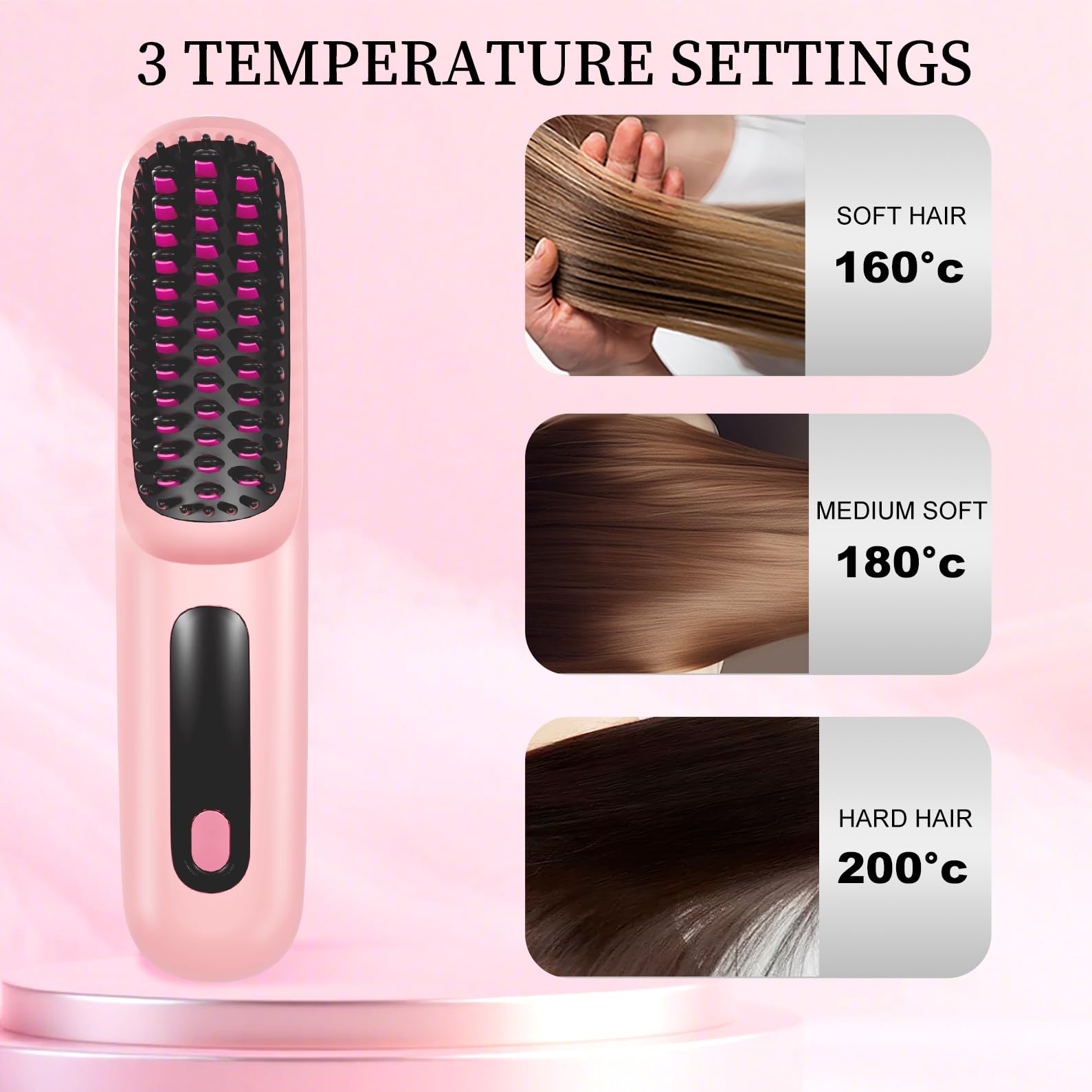 Go Brush Pro 2026, Portable Straightener Brushs for Travel, with LCD Temperature Display, Fast Heating Cordless Mini Hair Brushs (Pink) - 4