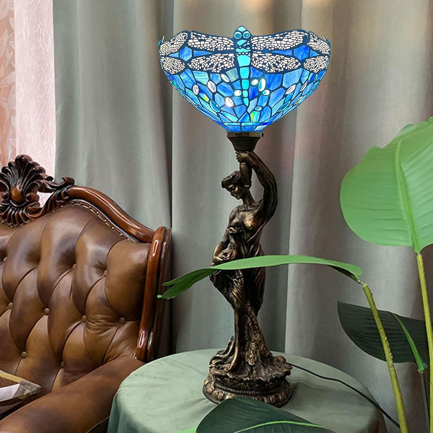 Dragonfly Lamp Shade Replacement Only 12 Inch Tiffany Style Stained Glass Lampshades, Vintage Green Blue Yellow Light Cover for Arched Floor Lamp, Torchiere Lamp, Pendant Light,Blue