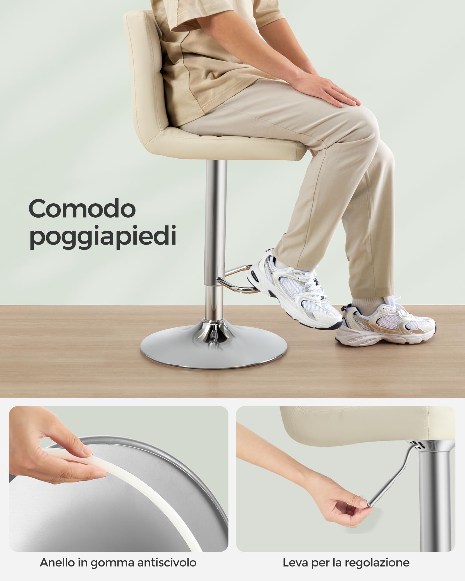 SONGMICS Juego de 2 Taburetes de Bar, Silla Alta, Altura Regulable con Funda de PU, Giratorio con Respaldo y Reposapiés, Comedor, Mostrador, Acero Cromado, Beige Arena LJB064K03