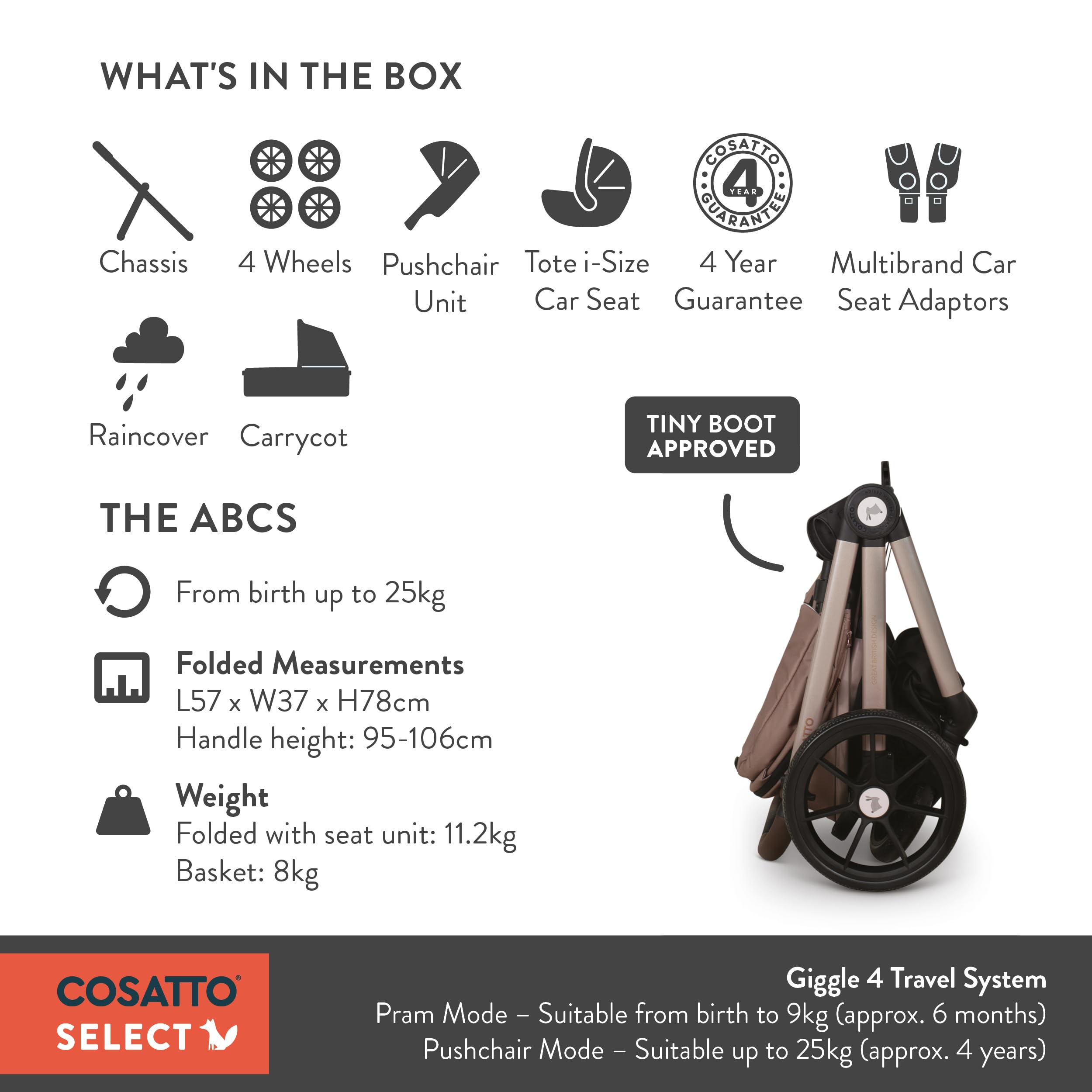COSATTO Giggle 4 Travel System - Sistema da viaggio 3 in 1, 0-25 kg, ca. 4 anni, pieghevole, carrozzina, carrozzina, navicella, seggiolino auto, seggiolino i-Size gruppo 0+, seggiolino auto e