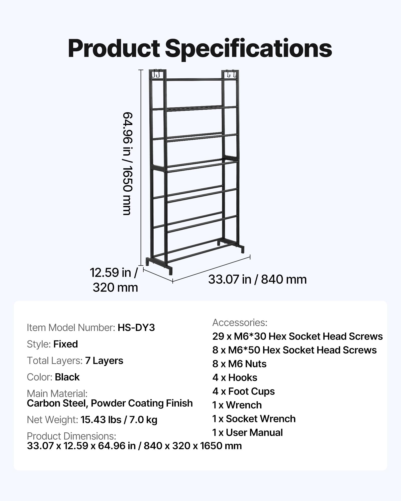 VEVOR Filament Lagerregal für 3D-Drucker, 7 Ebenen, Filamentspulenhalter, 840 x 320 x 1650 mm, Tragkraft 54,4 kg pro Ebene, 3D-Druckerzubehör für 3D-Druckstudio, Werkstatt, Schwarz