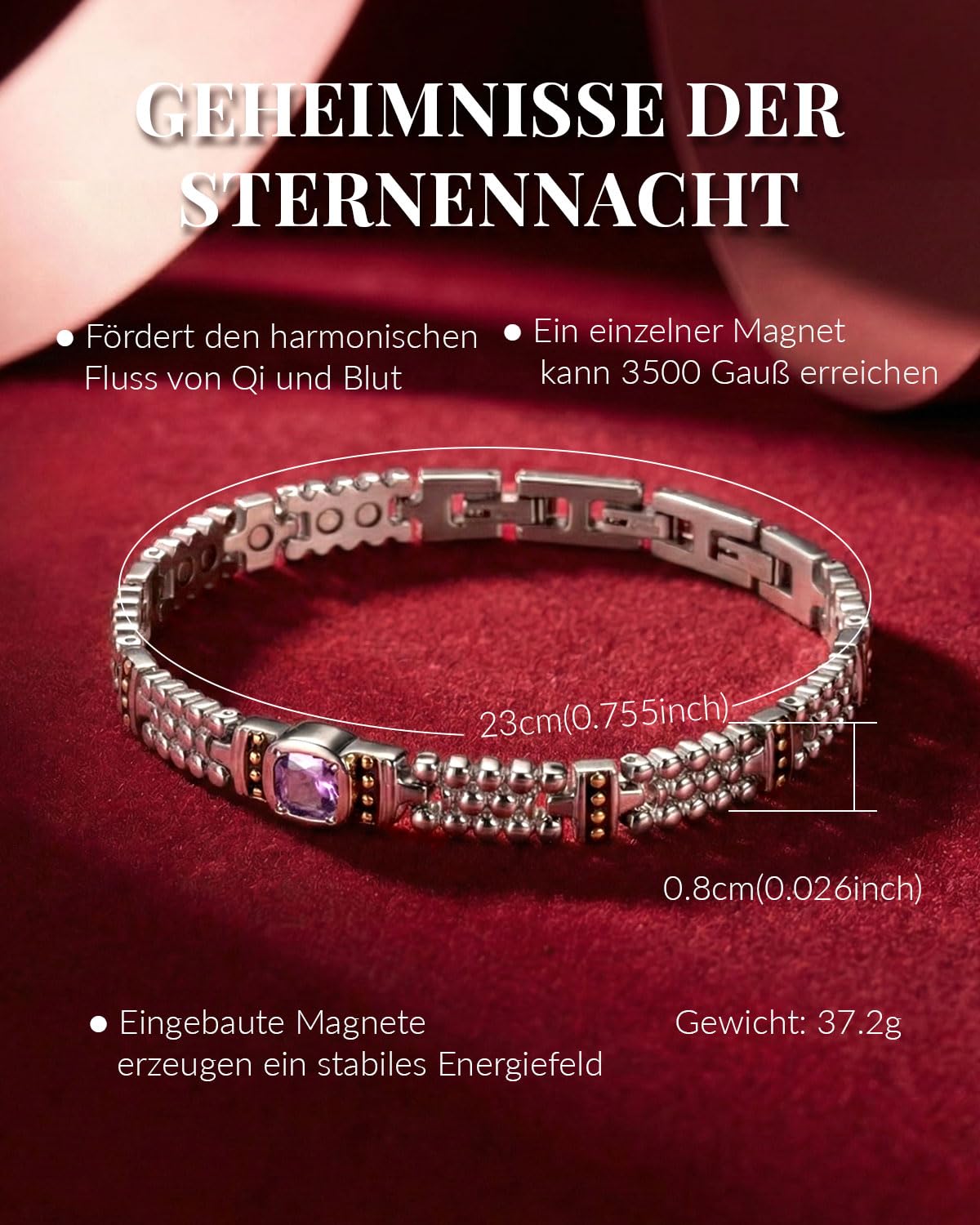 Rainso Bracciale Magnetico da Donna,Bracciale in Acciaio Inossidabile con Ametista,Design Unico Della Gemma-Misura Regolabile con Confezione Regalo Regalo per le Donne (Viola)