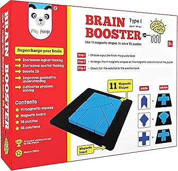 Play Panda Brain Booster Type 1 (Junior) - 56 Puzzles Designed to Boost Intelligence - with Magnetic Shapes, Magnetic Board, Puzzle Book and Solution Book - for 7 8 9 10 Upto 15 Years,Red - image, photos
