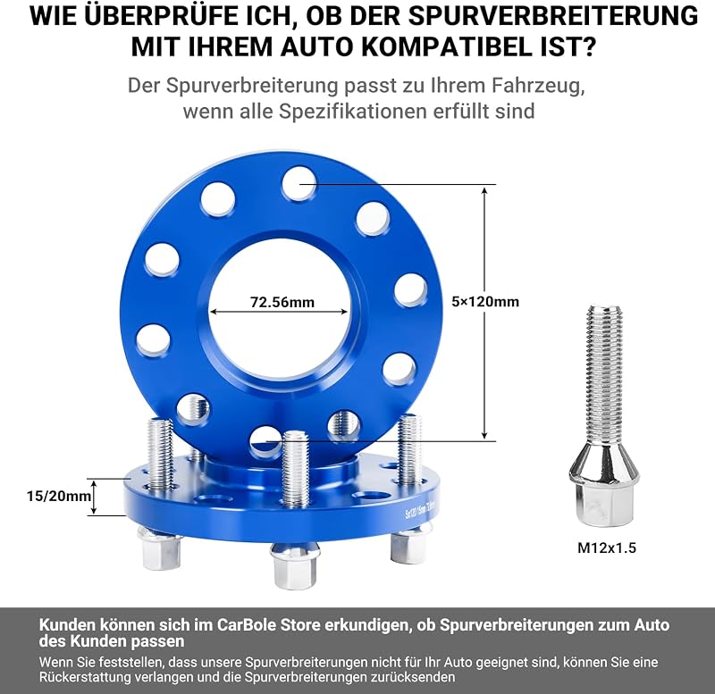 CarBole Keréknyomtáv Szélesítő 5x120 15/20mm - BMW Kompatibilis Kék Távtartó Szett 72,56mm Középső Furattal, 10 Lyukú, M12x1.5 Csavarokkal