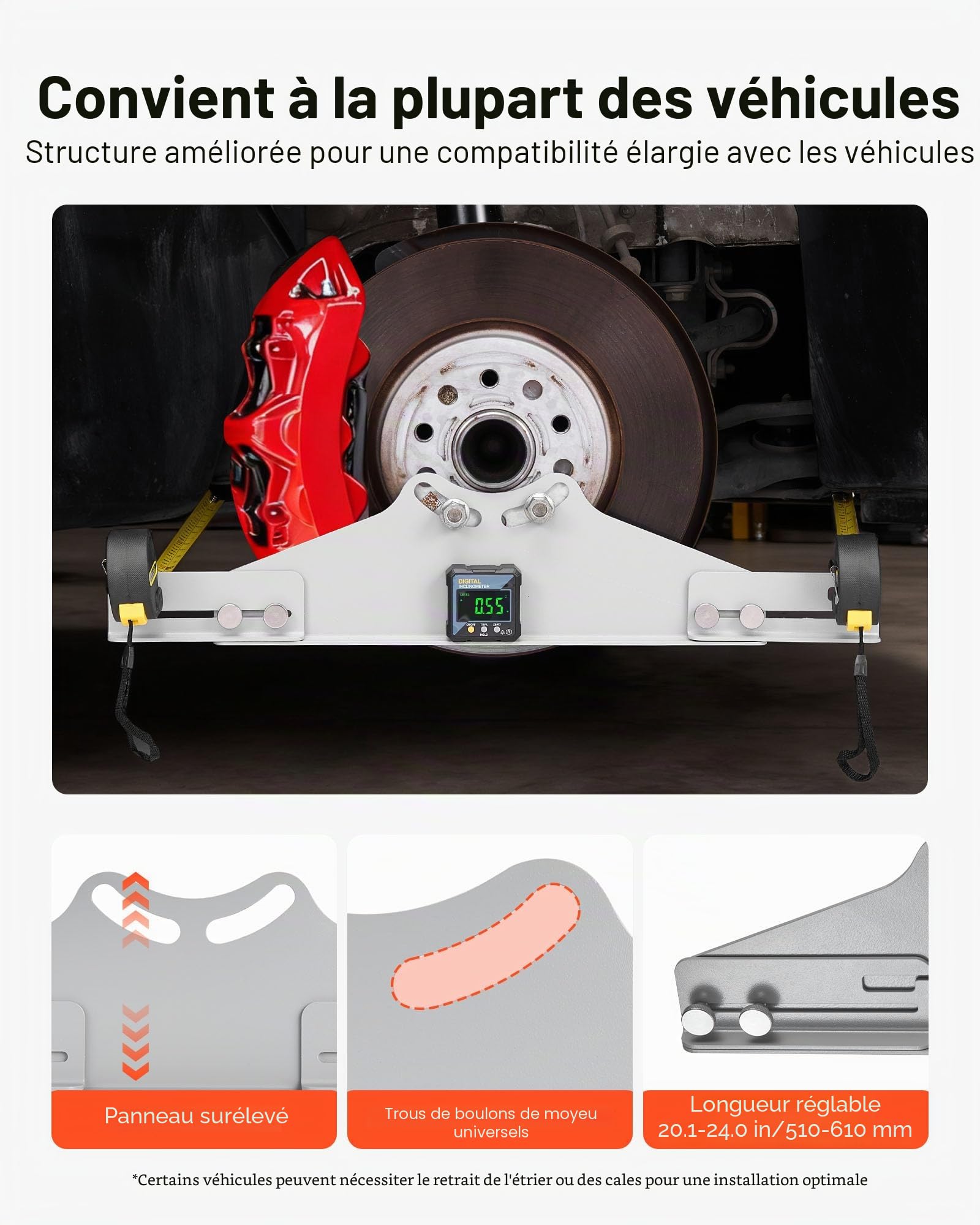 VEVOR Outil d'Alignement de Roue 2PCs, Plaque de Paralléllisme et de Carrossage en Acier Carbone avec Détecteur d'angle Numérique et 2 Rubans à Mesurer, pour Voitures, Camions, SUV et Véhicules