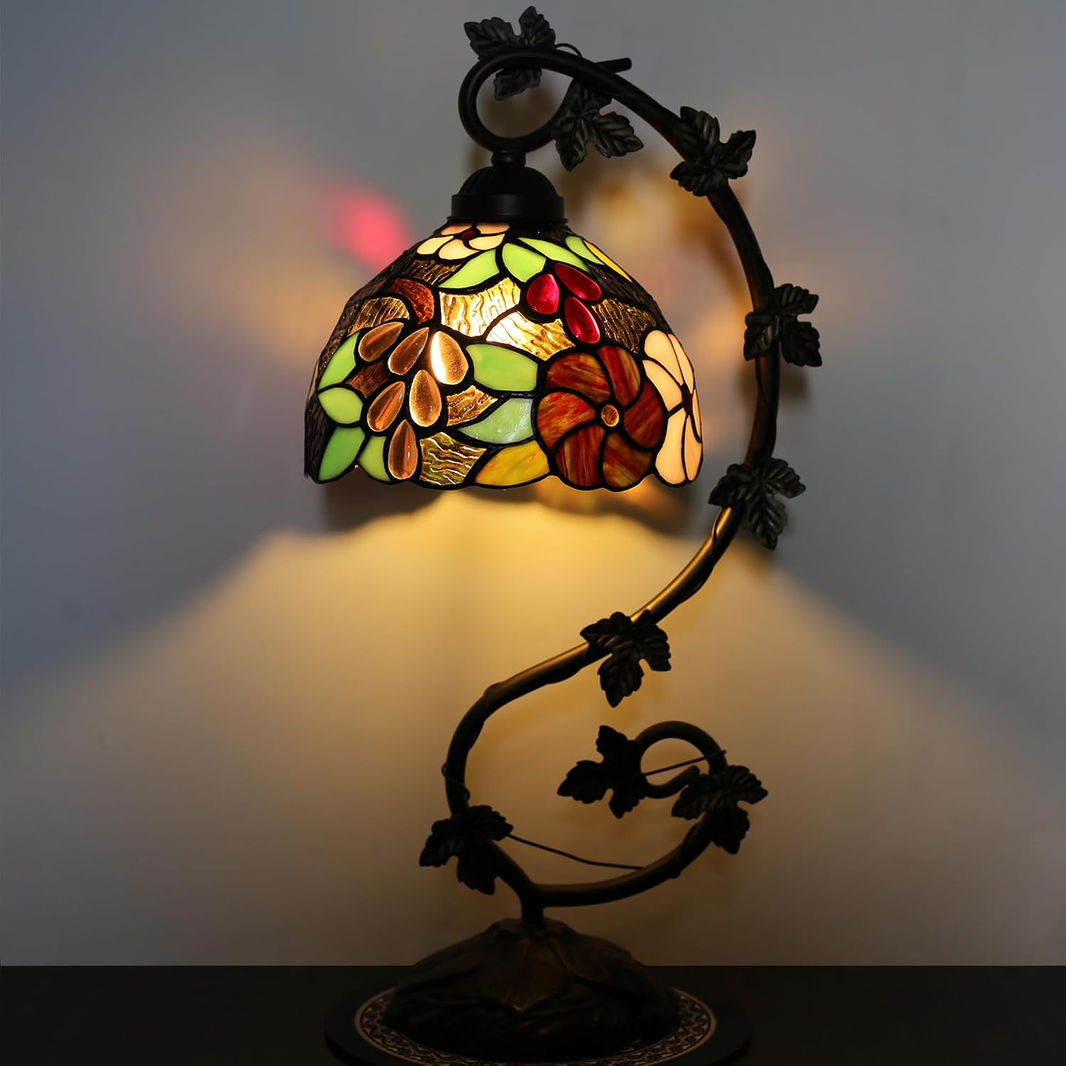 Tiffany Table Lamp Stained Glass Small Lamp 8 x 10 x 21 Inches Metal Leaf Base Bedroom Living Room Study Desk Reading Light (Grape Style)