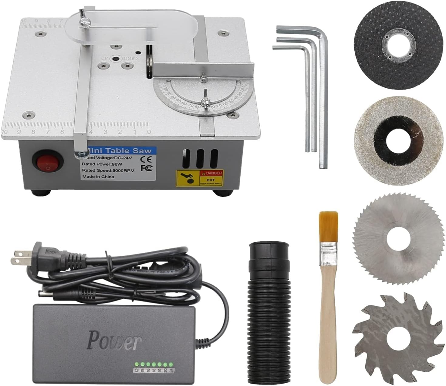 Mini Table Saw for Crafts 4 Blades Metal Chop Saw 96W Adjustable Cut Depth 7-speed Power Supply Portable Cut Off Table Saw for Woodworking Plastic Metal