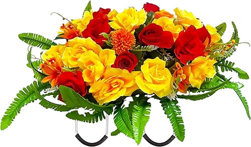 Miniatura 1 de Headstone - Sillín de flores artificiales realistas para cementerio, rosas rojas y amarillas, de larga duración y fácil ajuste