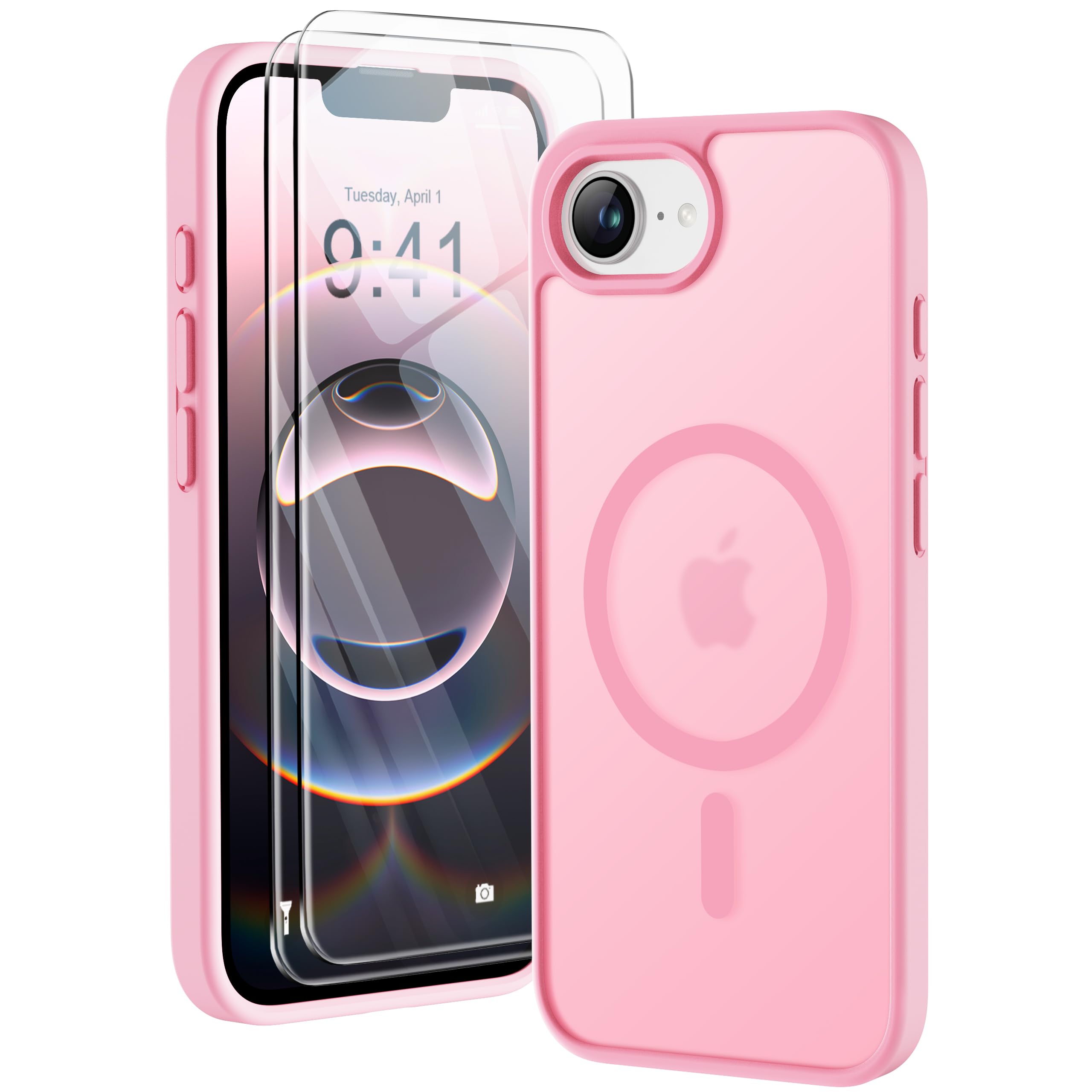 ORETECH Magnetica Cover per iPhone 16e(2025) 6,1 Pollici con 2 Vetro Temperato,Compatibile con MagSafe, Traslucida Opaca Antiurto Ultra Sottile Hard PC iphone 16e Cover-Rosa Chiaro