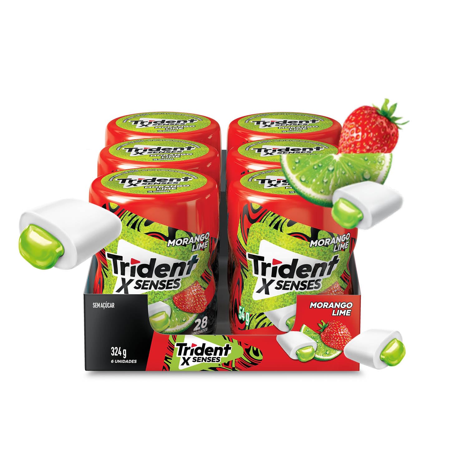 Chiclete Trident XSenses Morango Lime Sem Açúcar Garrafa - Caixa